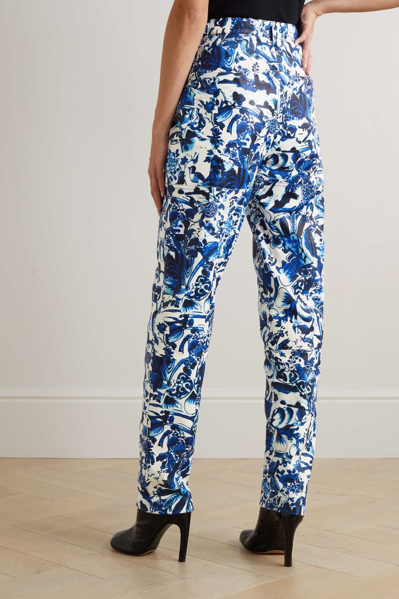 Floral-print leather tapered pants - 3