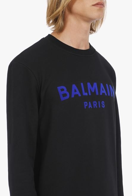 Black cotton sweatshirt with blue velvet Balmain logo - 7