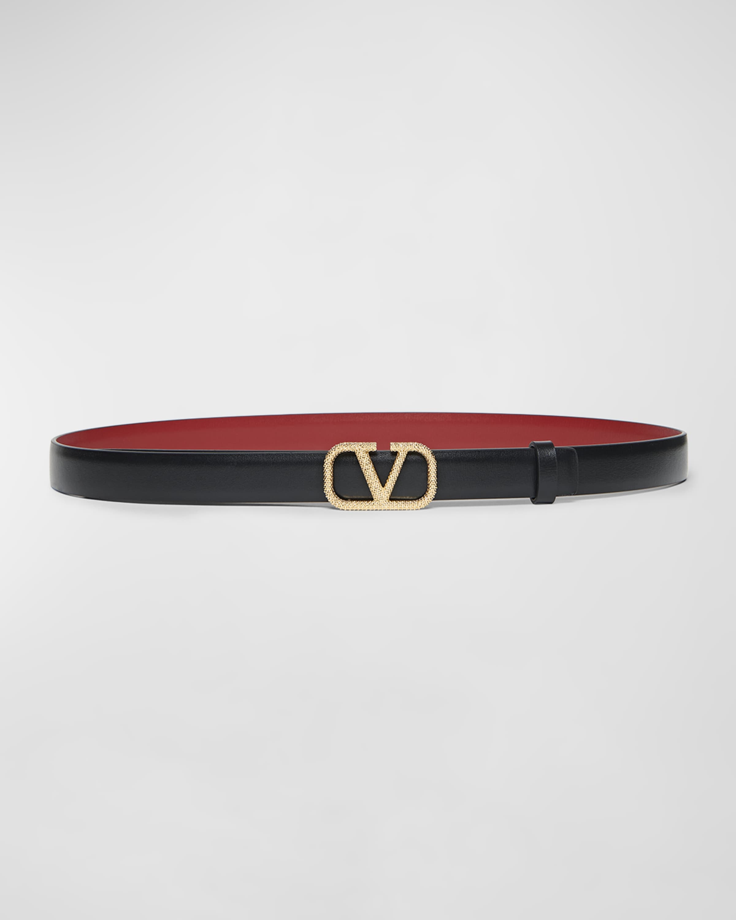 V-Logo Signature Reversible Leather Skinny Belt - 1