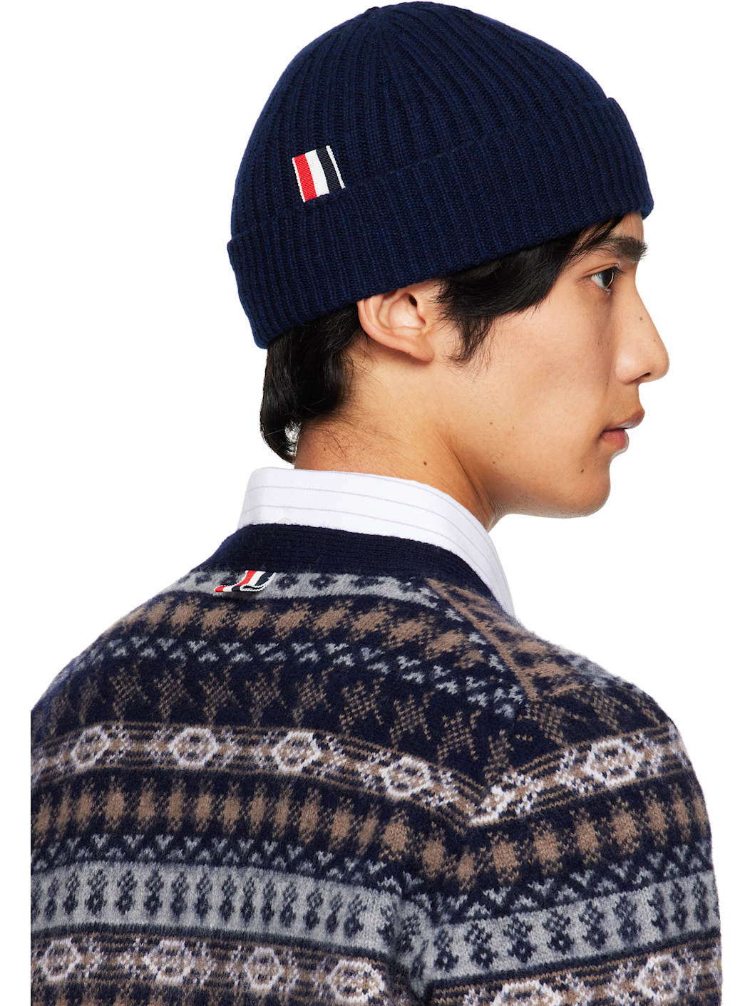 Navy Cashmere 4-Bar Cuff Beanie - 3