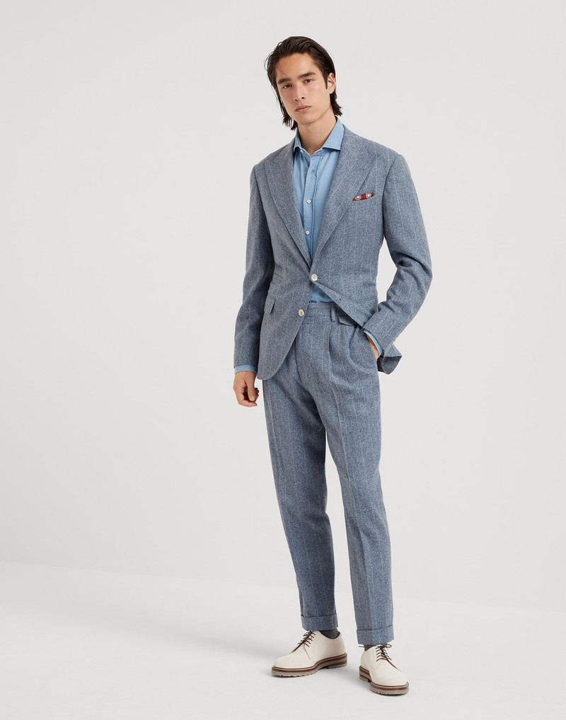Flecked silk, wool and cashmere chalk stripe flannel Leisure suit: peak lapel jacket and trousers wi 1