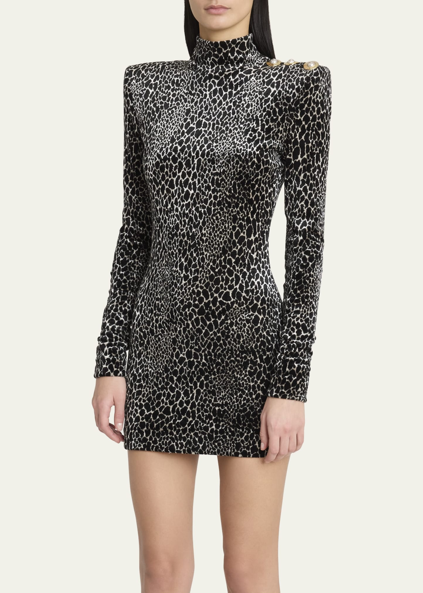 Leopard Velvet Button Strong-Shoulder Mini Dress - 4