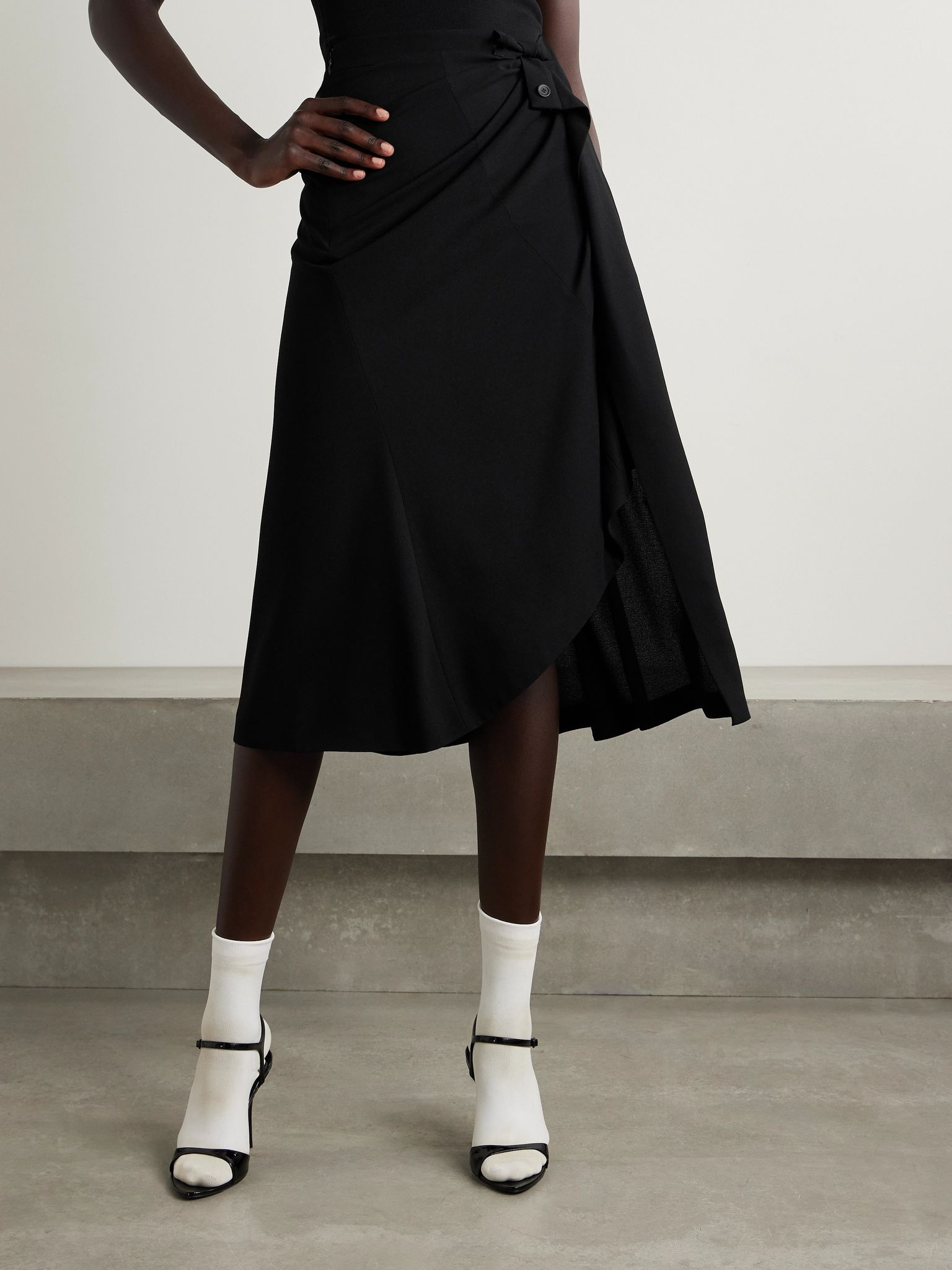 Draped wrap-effect crepe midi skirt Black - 3