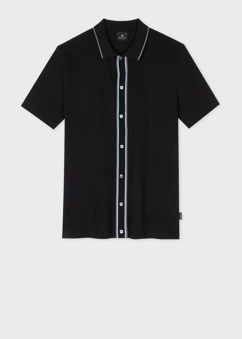 Black Button-Front Stretch-Cotton Polo Shirt 1