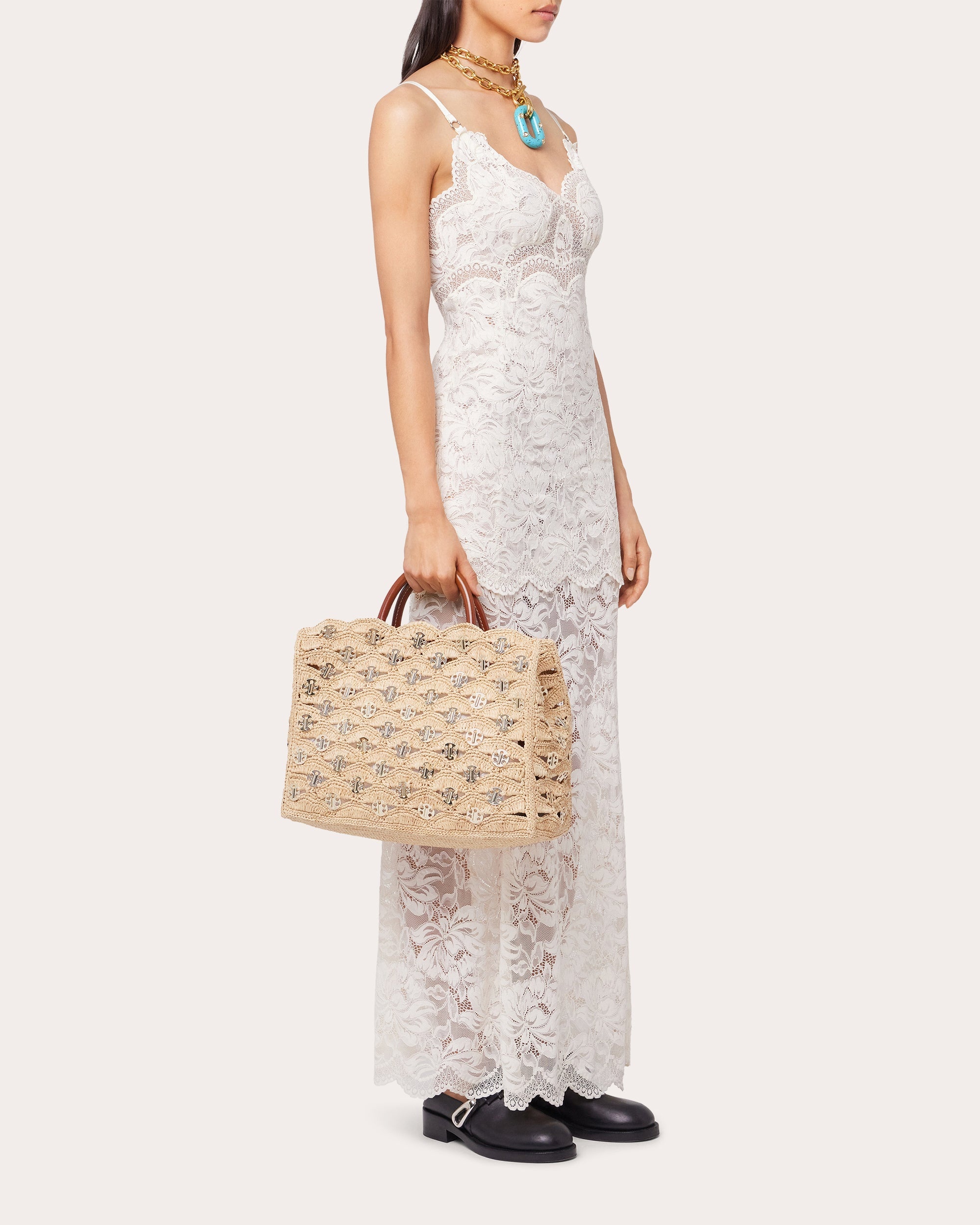 1969 Leather Trimmed Chainmail Embellished Raffia Tote - 5