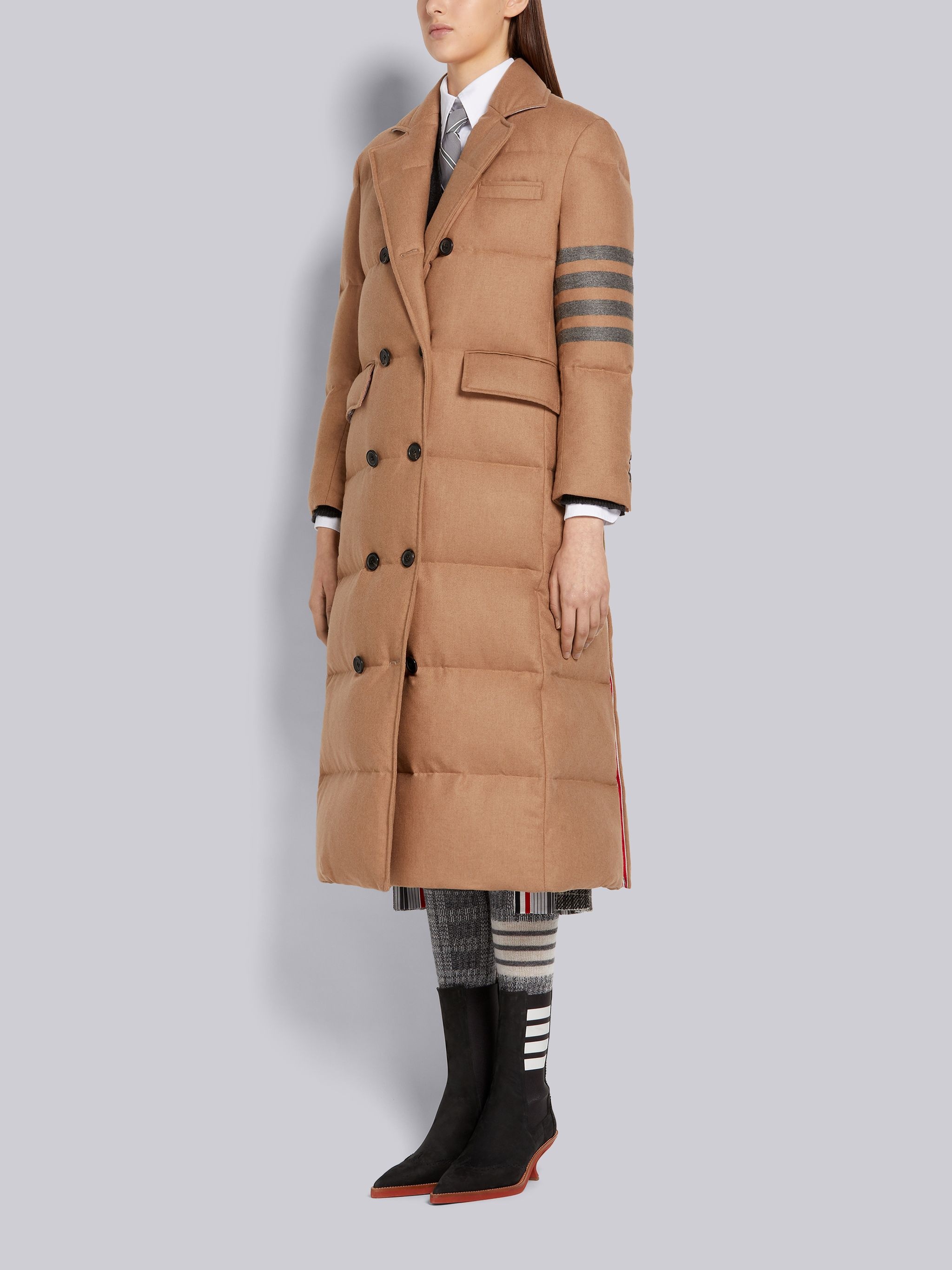 Down-Filled Jacket Weight Camel Hair 4-Bar Wide Lapel Trouser Length Double Breasted Overcoat - 2