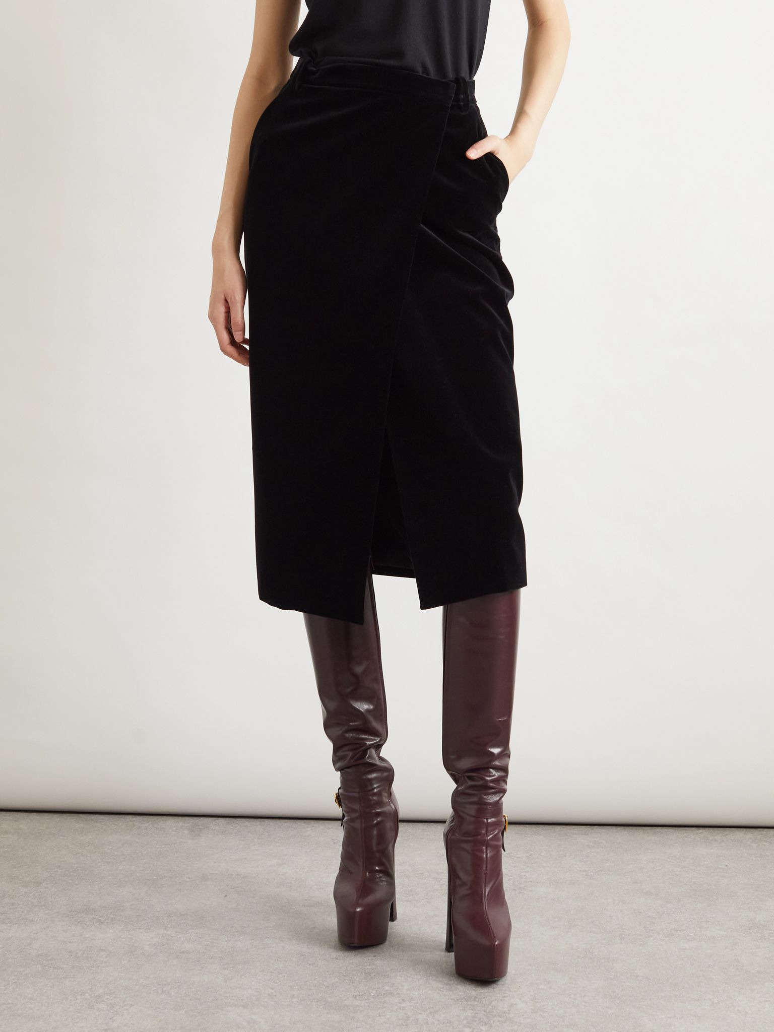 Wrap-effect cotton-velvet midi skirt Black - 3
