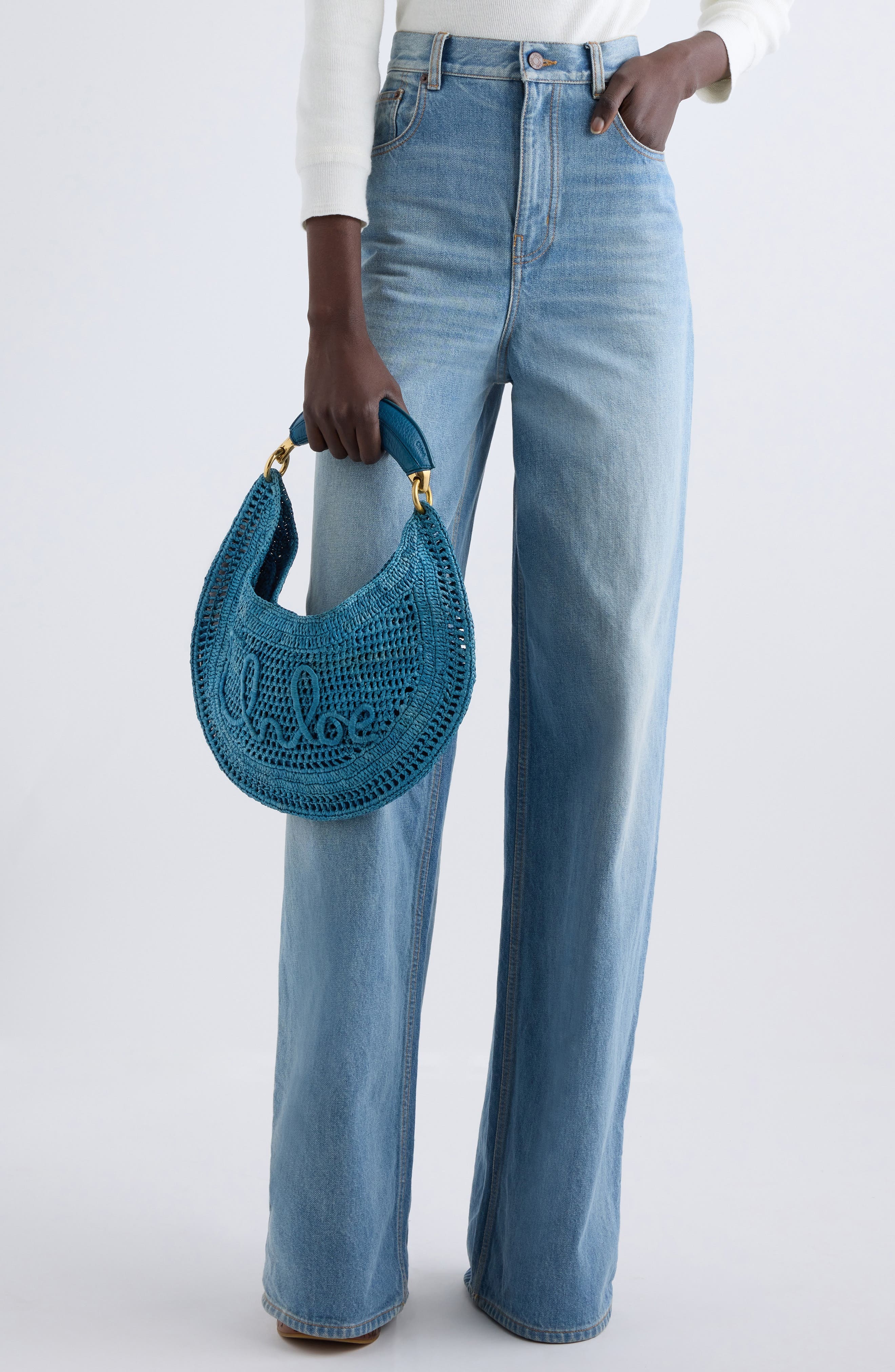 Chloé Summer Banana Crochet Raffia Hobo Bag in Stormy Sea at Nordstrom - 2