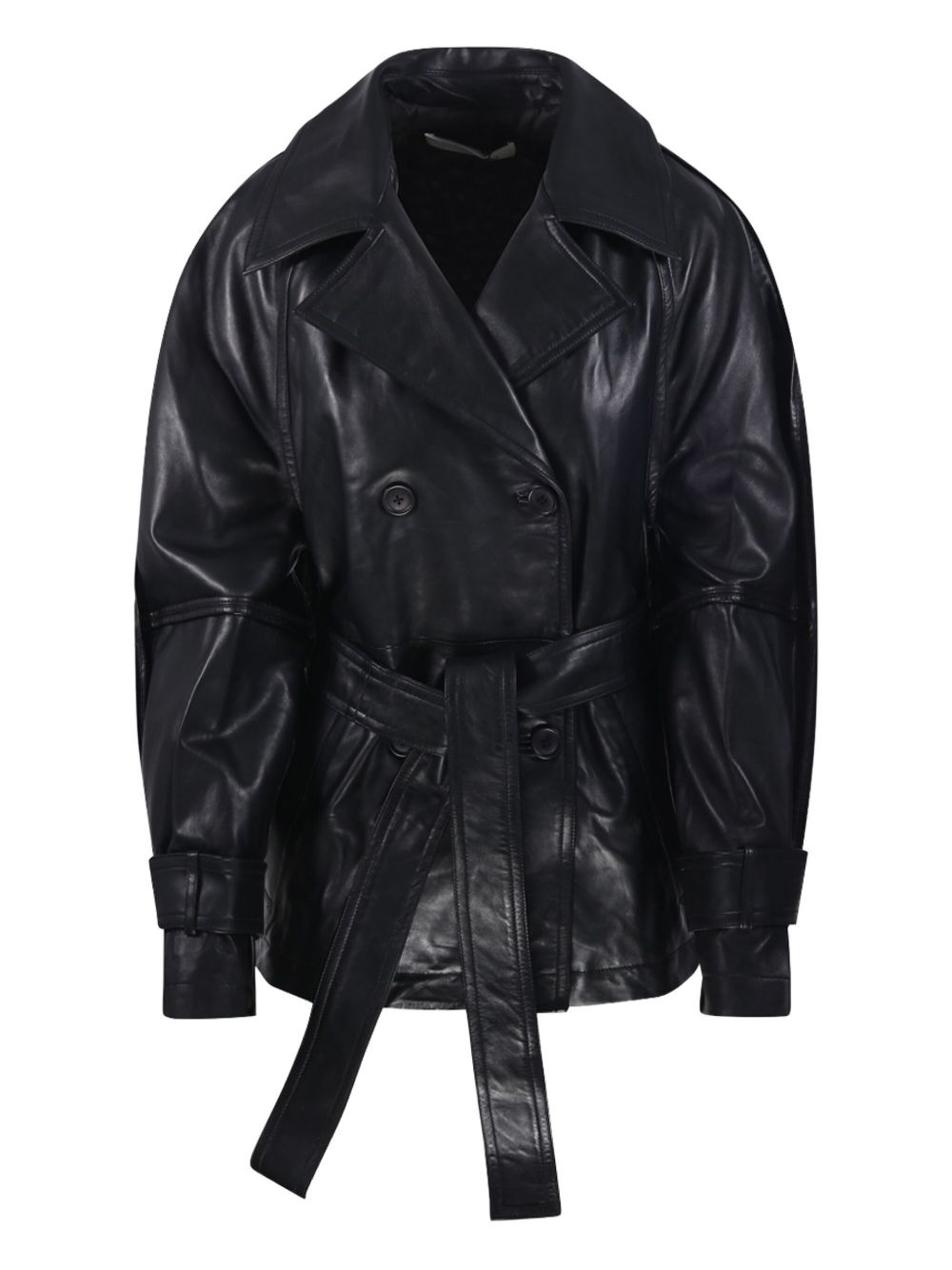 double-breasted belted leather jacket - 1
