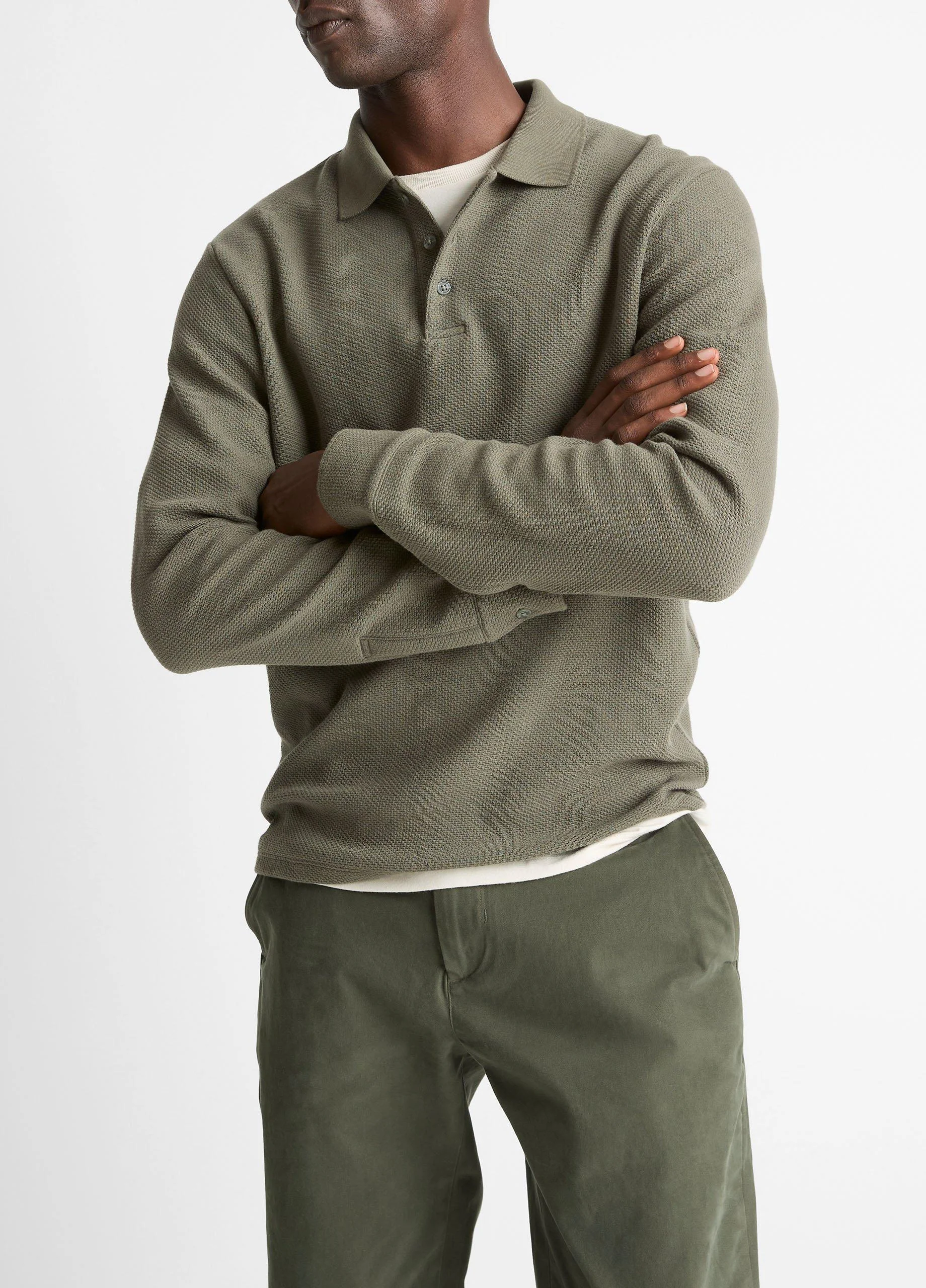 Basket-Weave Cotton Long-Sleeve Polo Shirt - 1