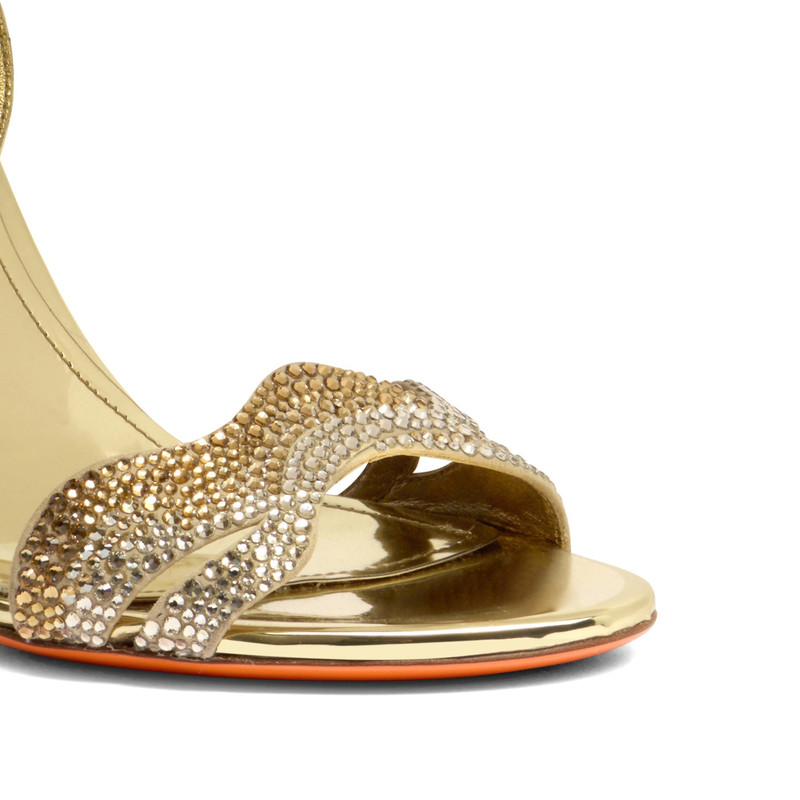 Women's gold laminated leather and crystals high-heel sandal 6