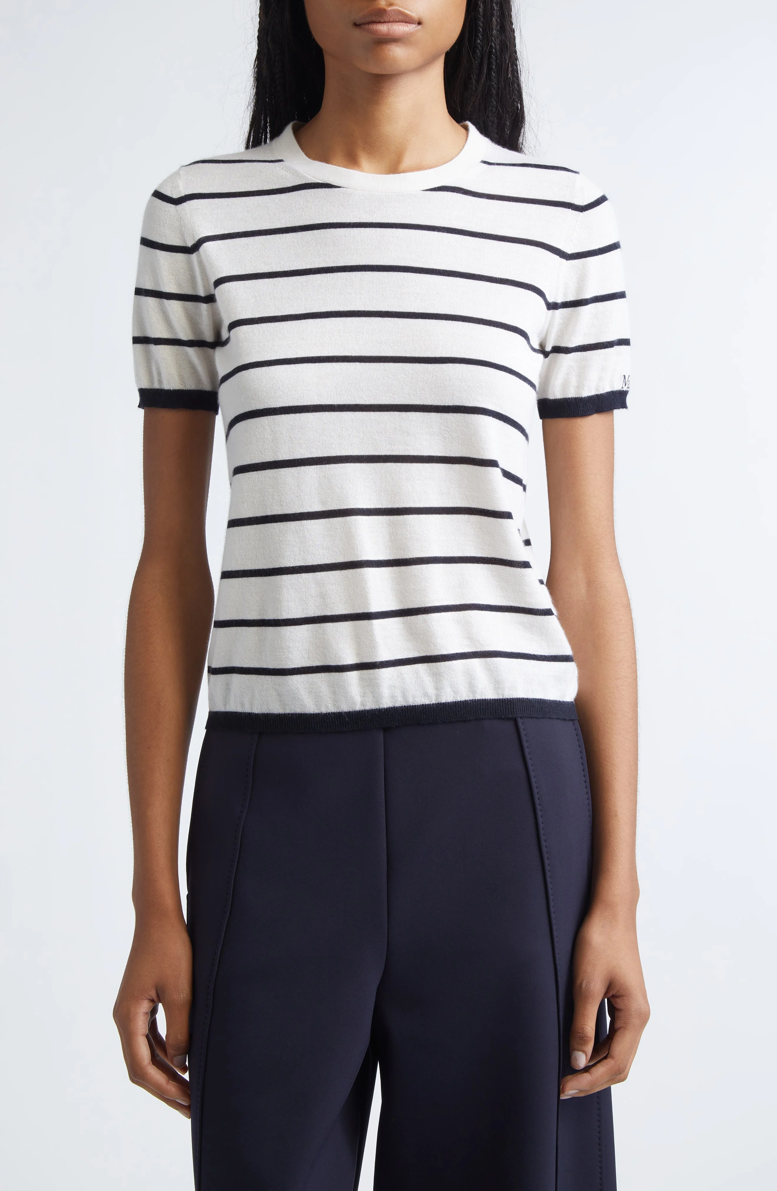 Max Mara Pavetta Stripe Short Sleeve Cashmere & Silk Sweater in Ivory at Nordstrom - 1