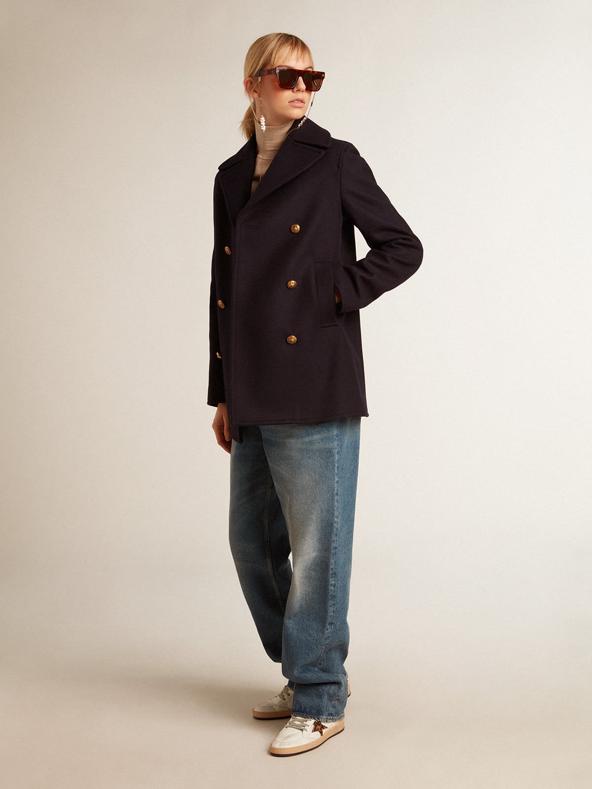 Golden Goose Women's dark blue peacoat with gold-colored heraldic