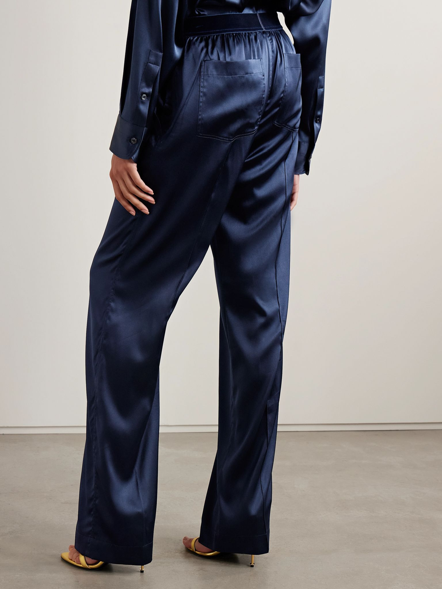 Velvet-trimmed stretch-silk satin pants Navy - 3