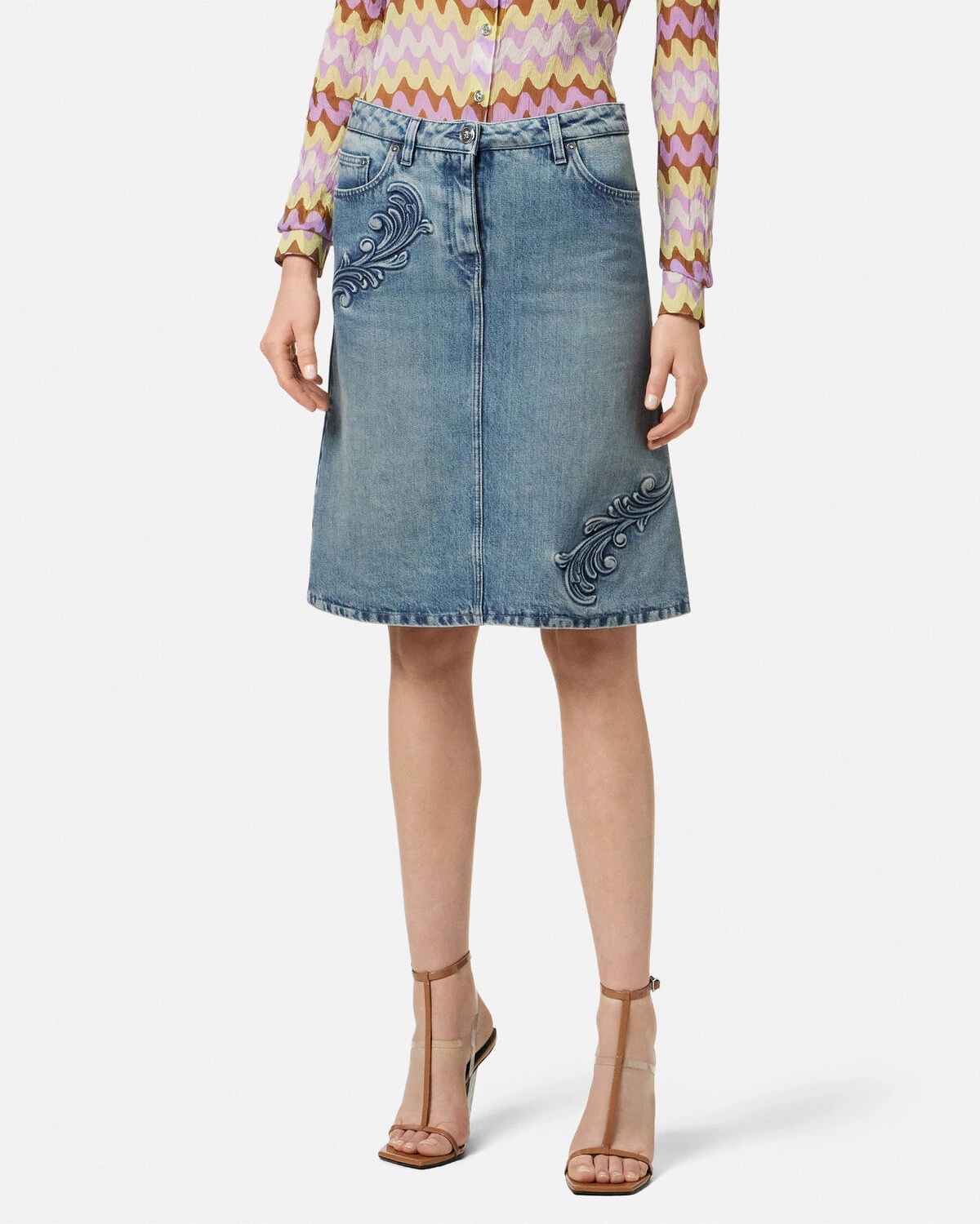 Barocco Denim A-Line Midi Skirt - 4