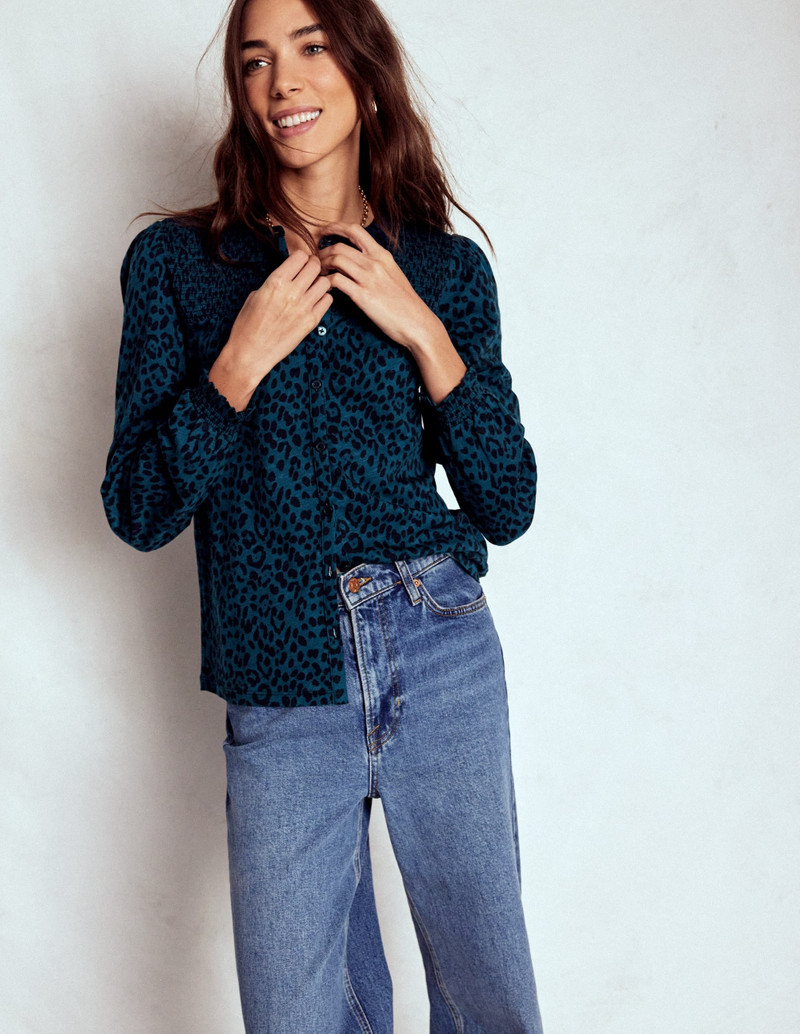 Elsa Smocked Yoke Jersey Shirt-Teal Leopard 5