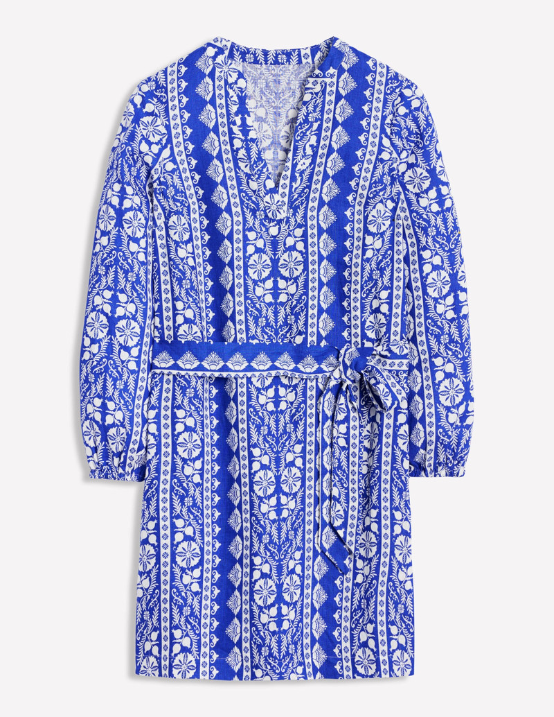 Cleo Linen Tie Waist Dress-Bright Blue, Ornate Border 1