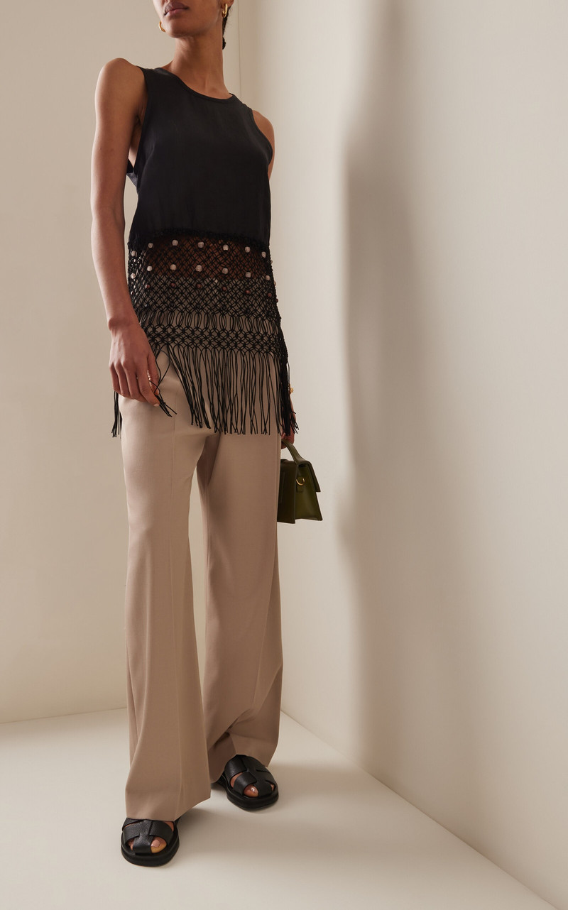 WALES BONNER Vision Macrame-Fringed Cotton-Linen Top black outlook