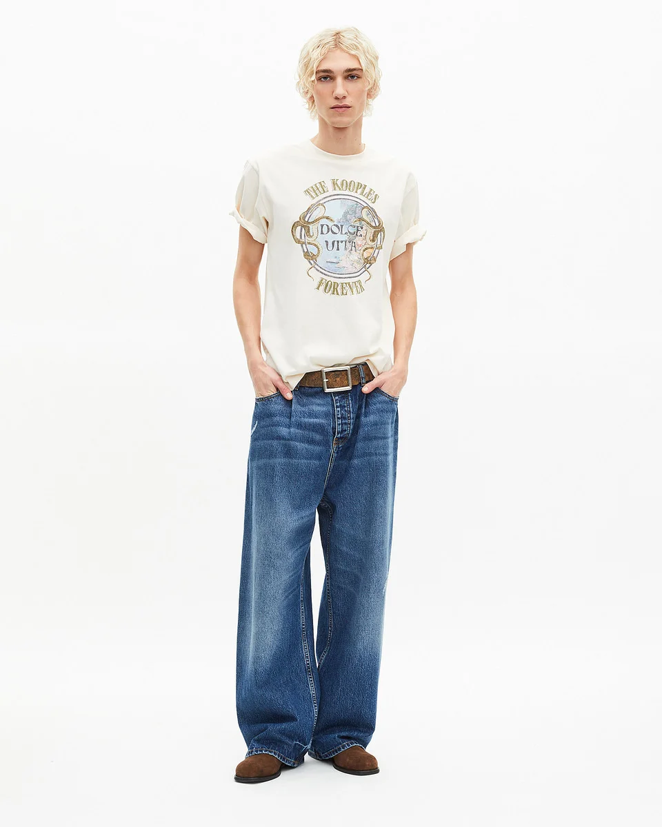 T-SHIRT WITH BEIGE DOLCE VITA SCREEN PRINT - 1