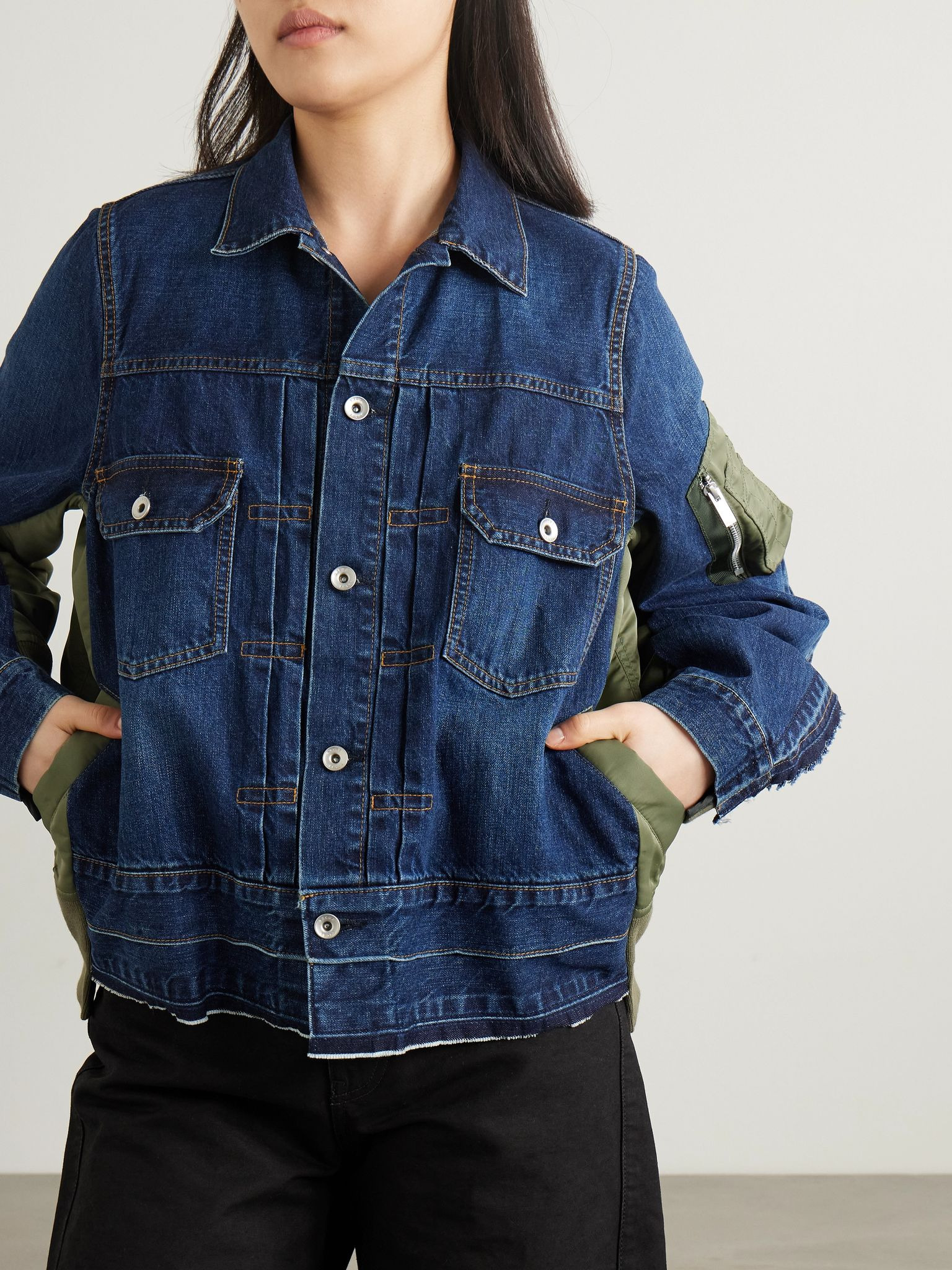 Paneled distressed denim and shell jacket Blue - 3