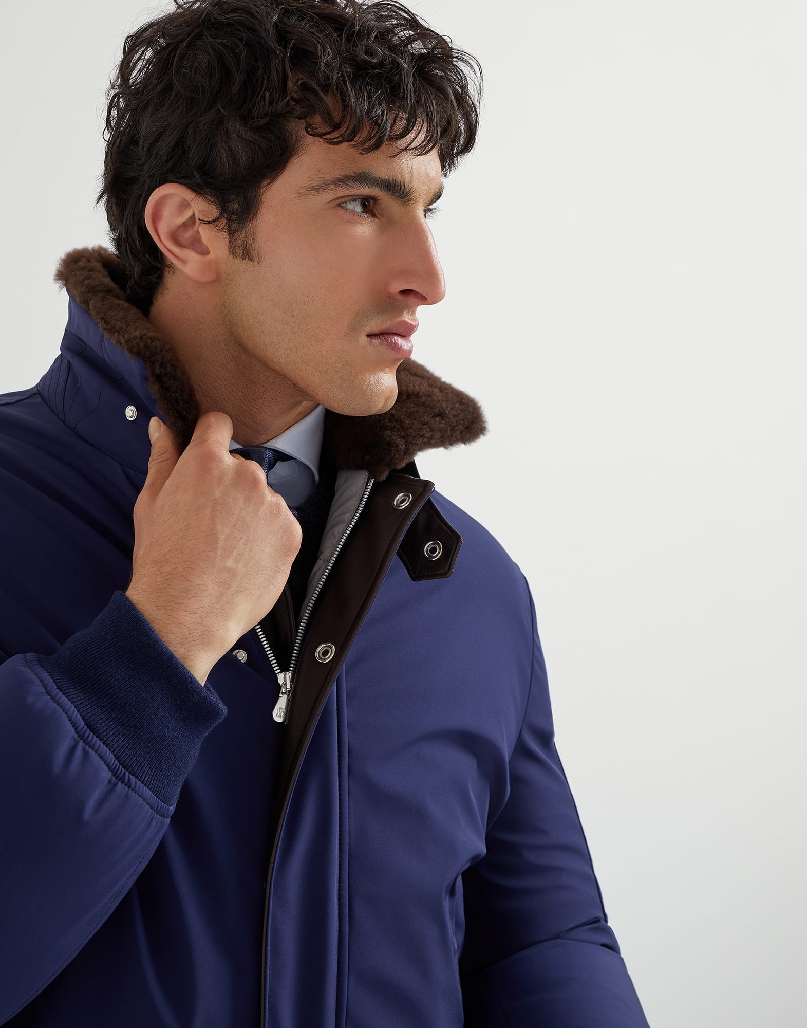 Stretch bonded nylon down jacket with shearling-lined collar - 3