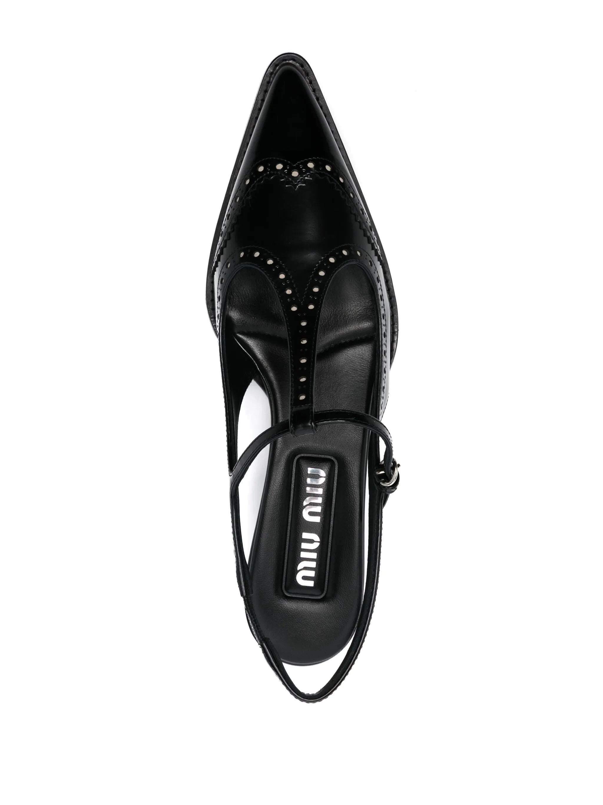 Brushed Leather Brogue Slingback T-strap Pumps - 3