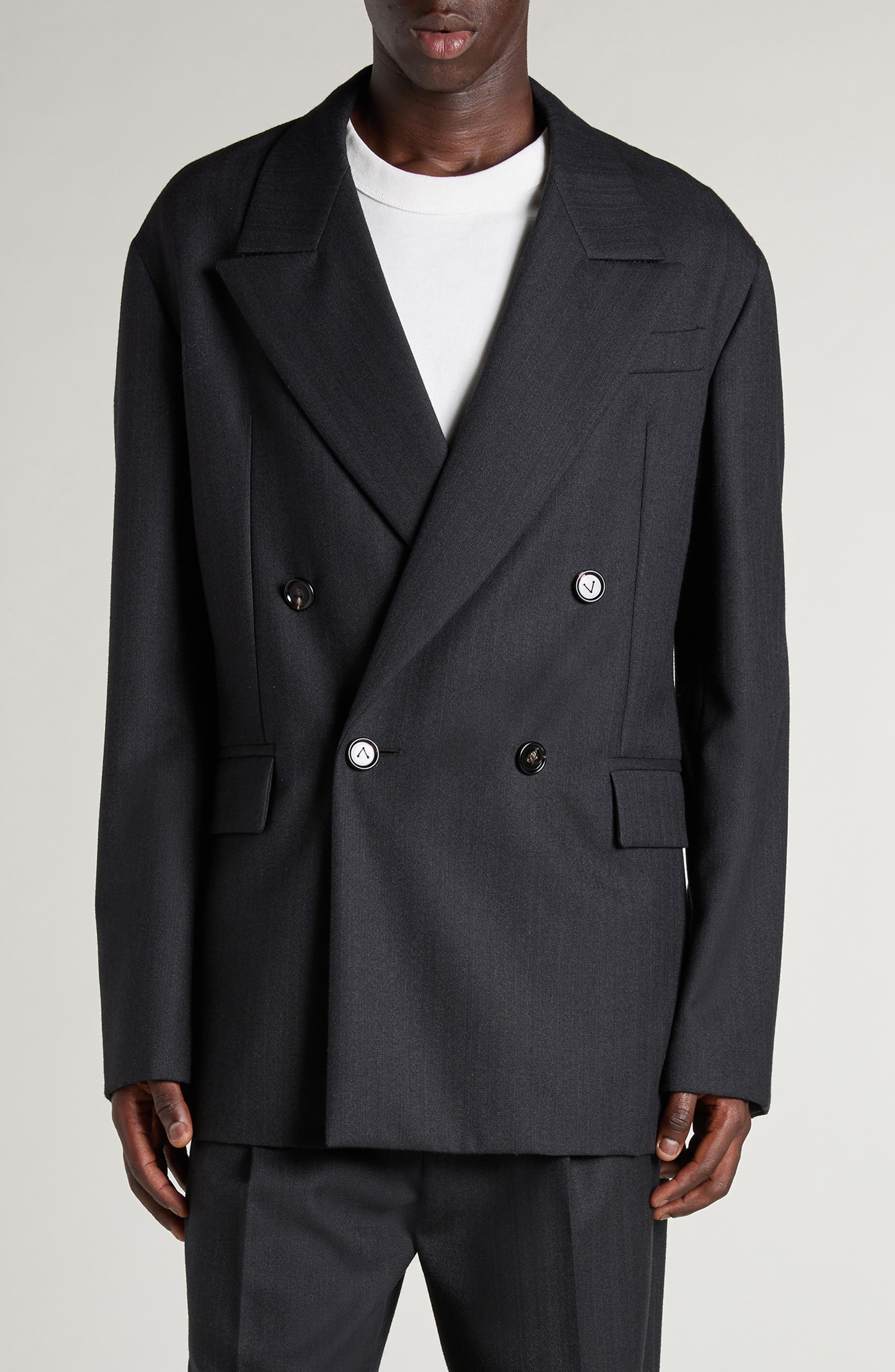 Bottega Veneta Double Breasted Subtle Stripe Wool Blazer in 1292 Black/Dark Blue at Nordstrom - 1