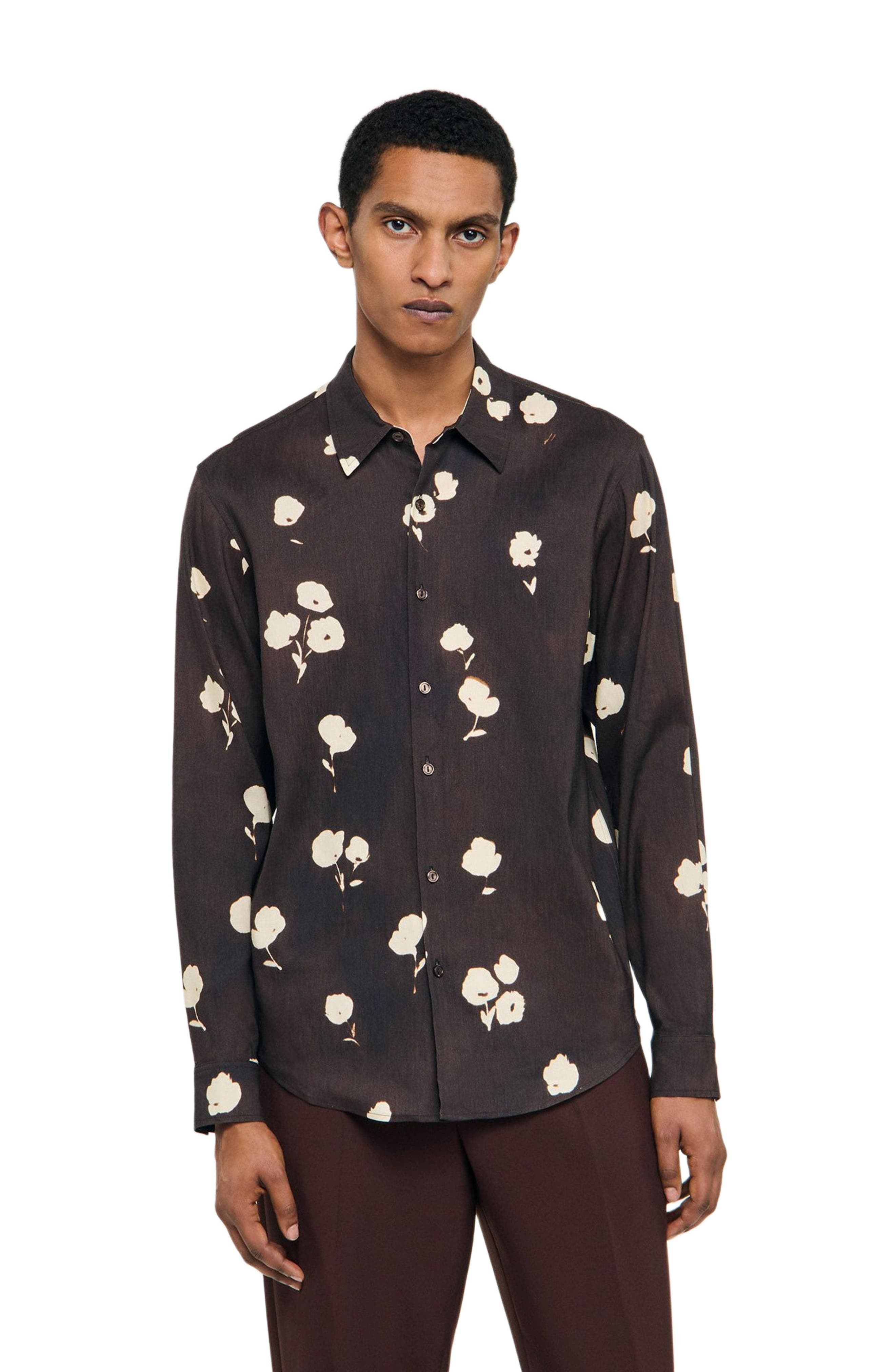 SANDRO Floral print linen shirt in Chocolate at Nordstrom - 3