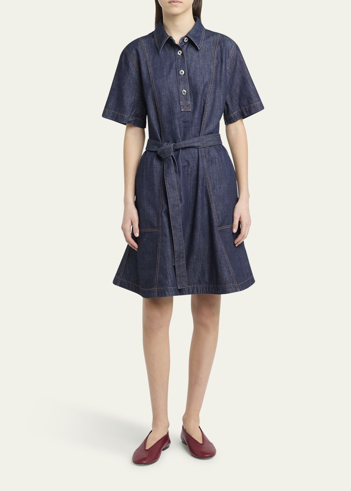 Short-Sleeve Belted Denim Shirtdress - 2