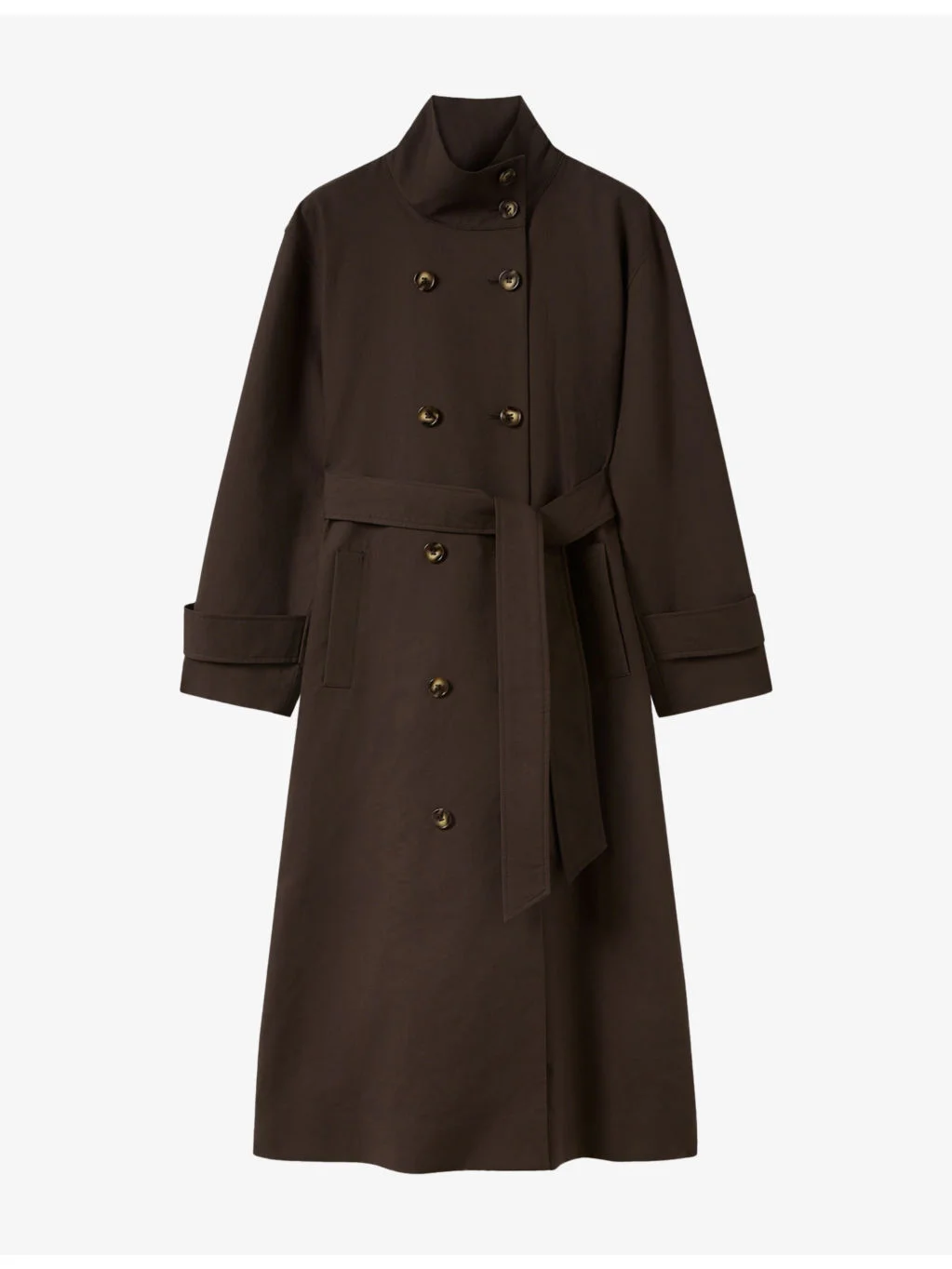 Long Funnel-Neck Cotton Trench Coat - 1