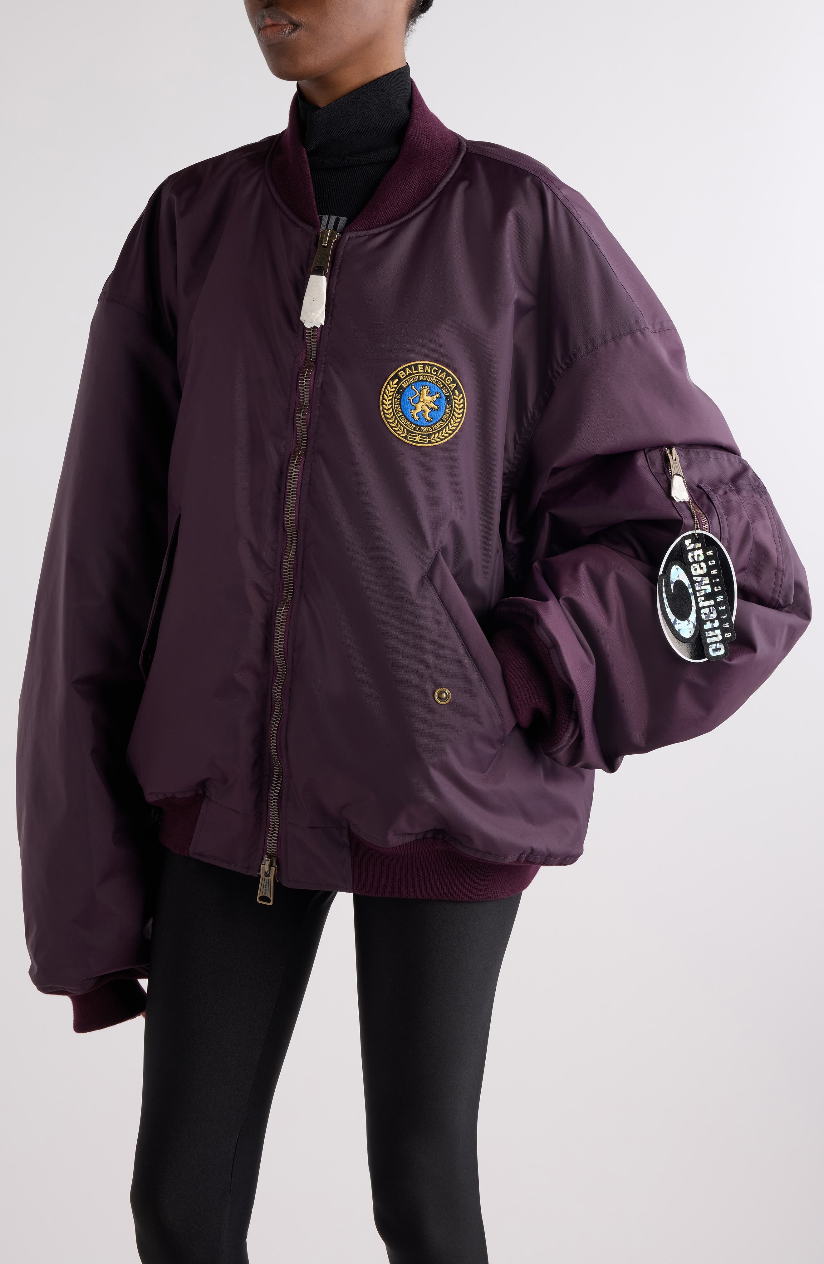 Balenciaga Logo Patch Oversize Nylon Bomber Jacket in 5441 New Aubergine at Nordstrom - 5