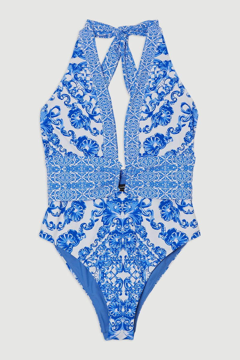 Plus Size Blue Scarf Print Plunge Swimsuit 4