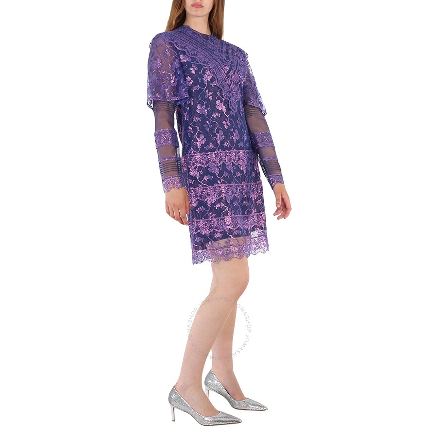 Burberry Laminated Lace Cape Sleeve Dress In Bright Purple - 4