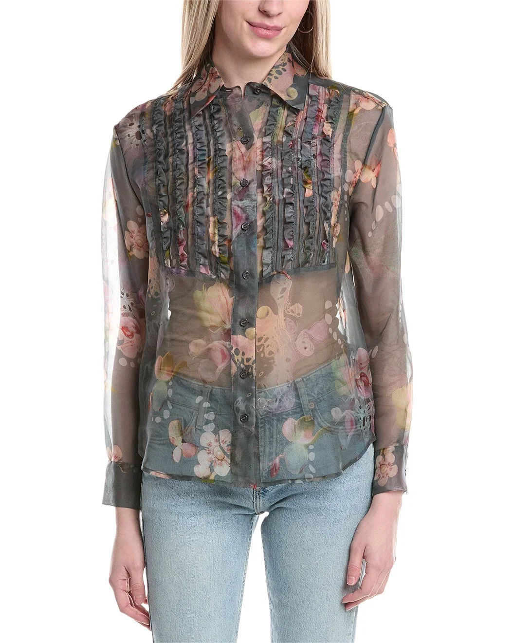 Cynthia Rowley Silk Organza Tuxedo Shirt - 1