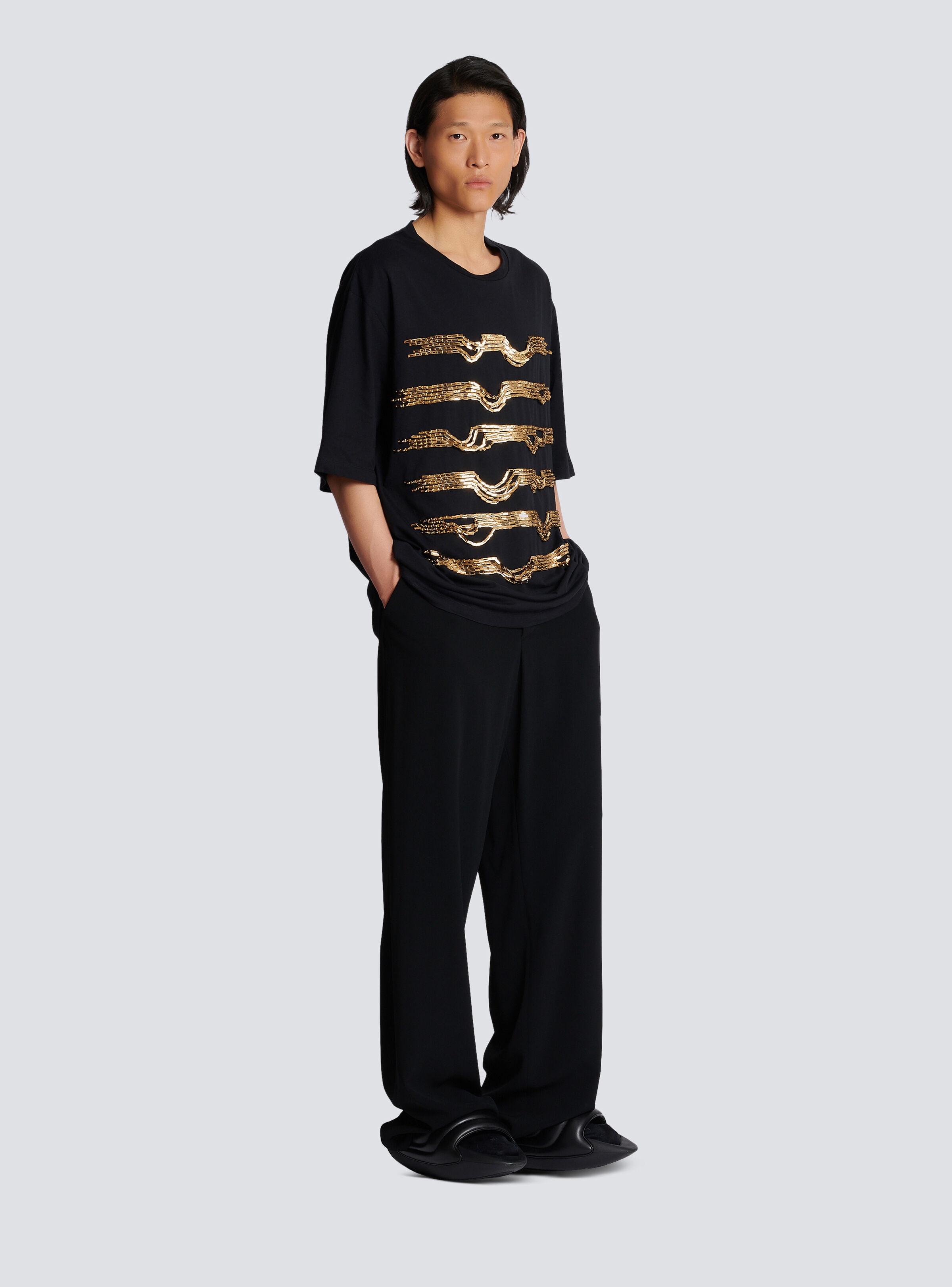 Embroidered cotton T-shirt with destroy stripes - 3