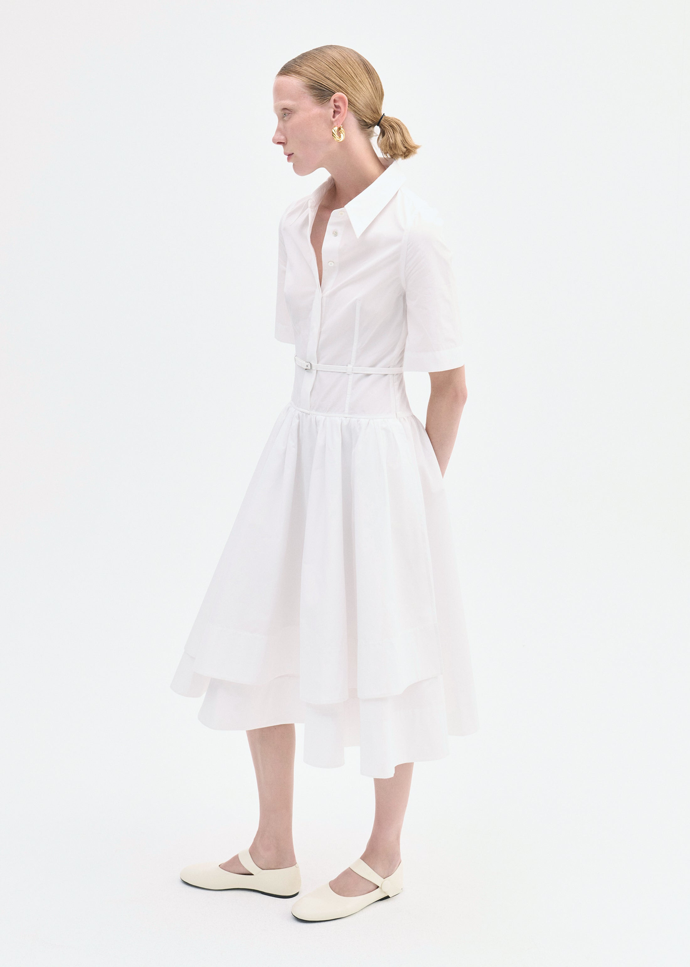 Short Sleeve Belted Dress in Cotton Poplin - 3