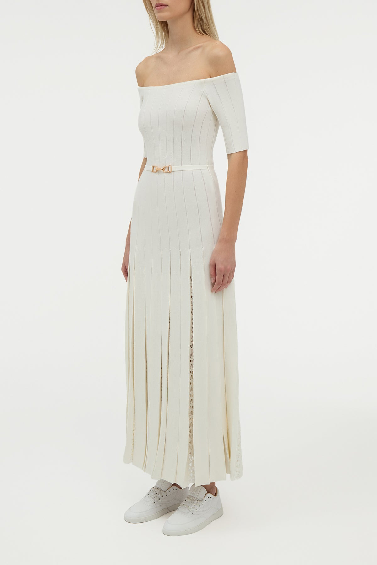 Kurt Pleated Knit Dress in Ivory Merino Wool - 4