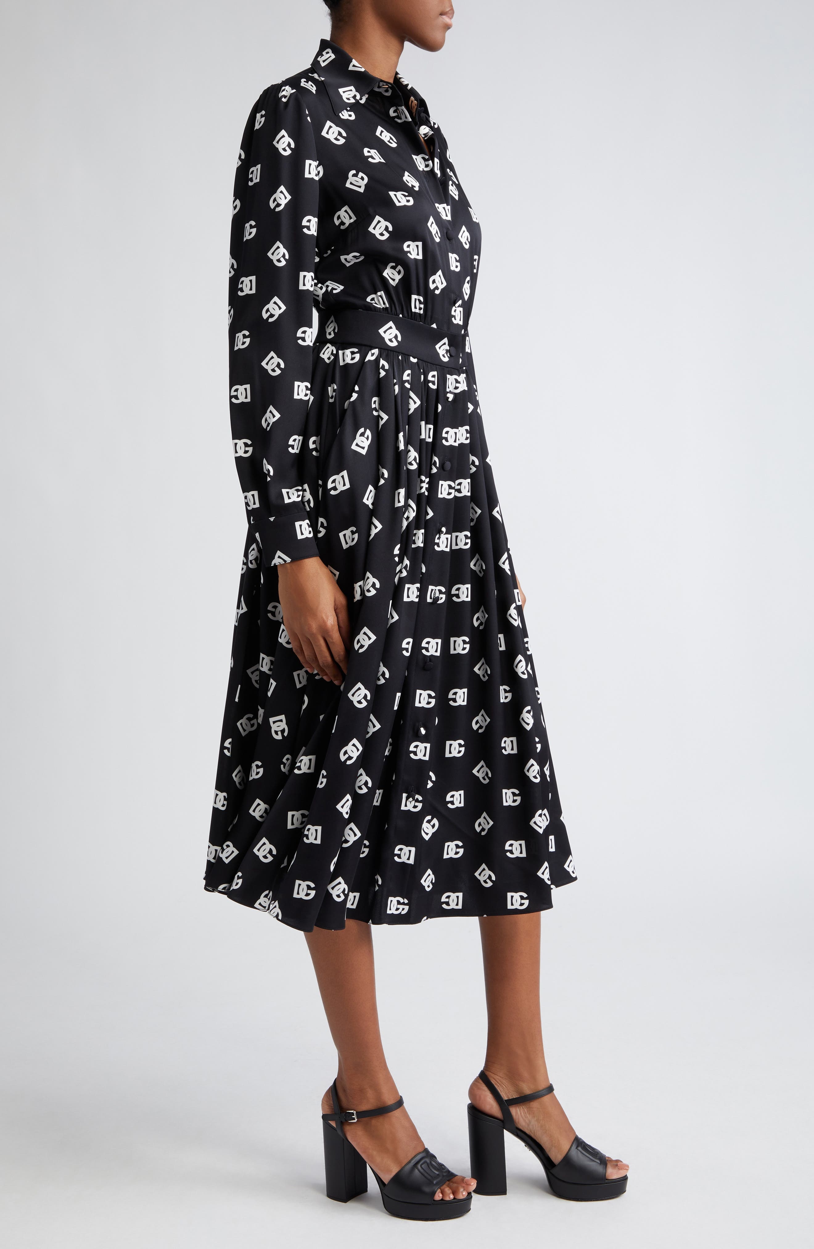 Pleated Monogram Logo Long Sleeve Stretch Silk Charmeuse Midi Dress - 4
