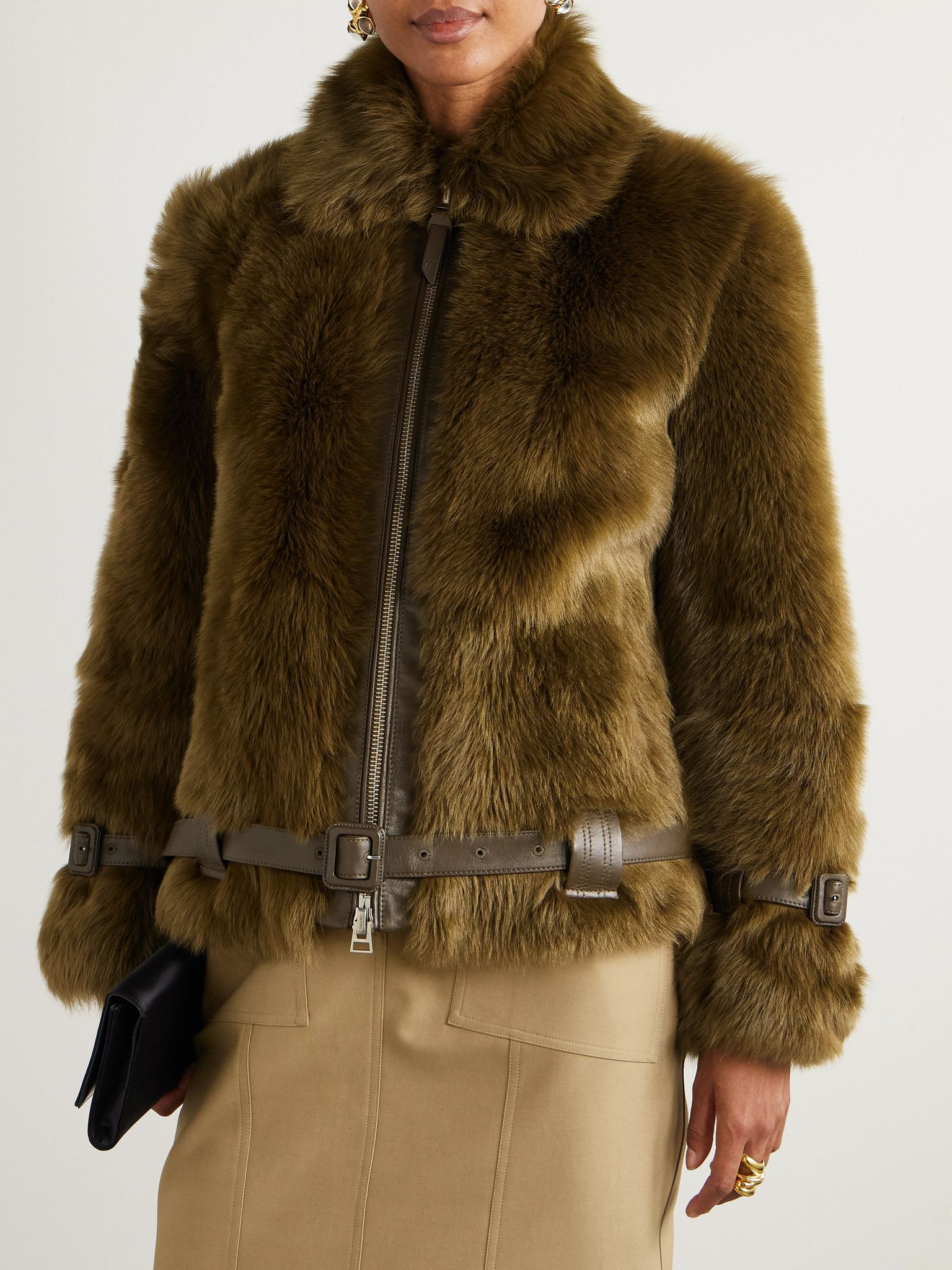 Belted padded shearling jacket Dark green - 3