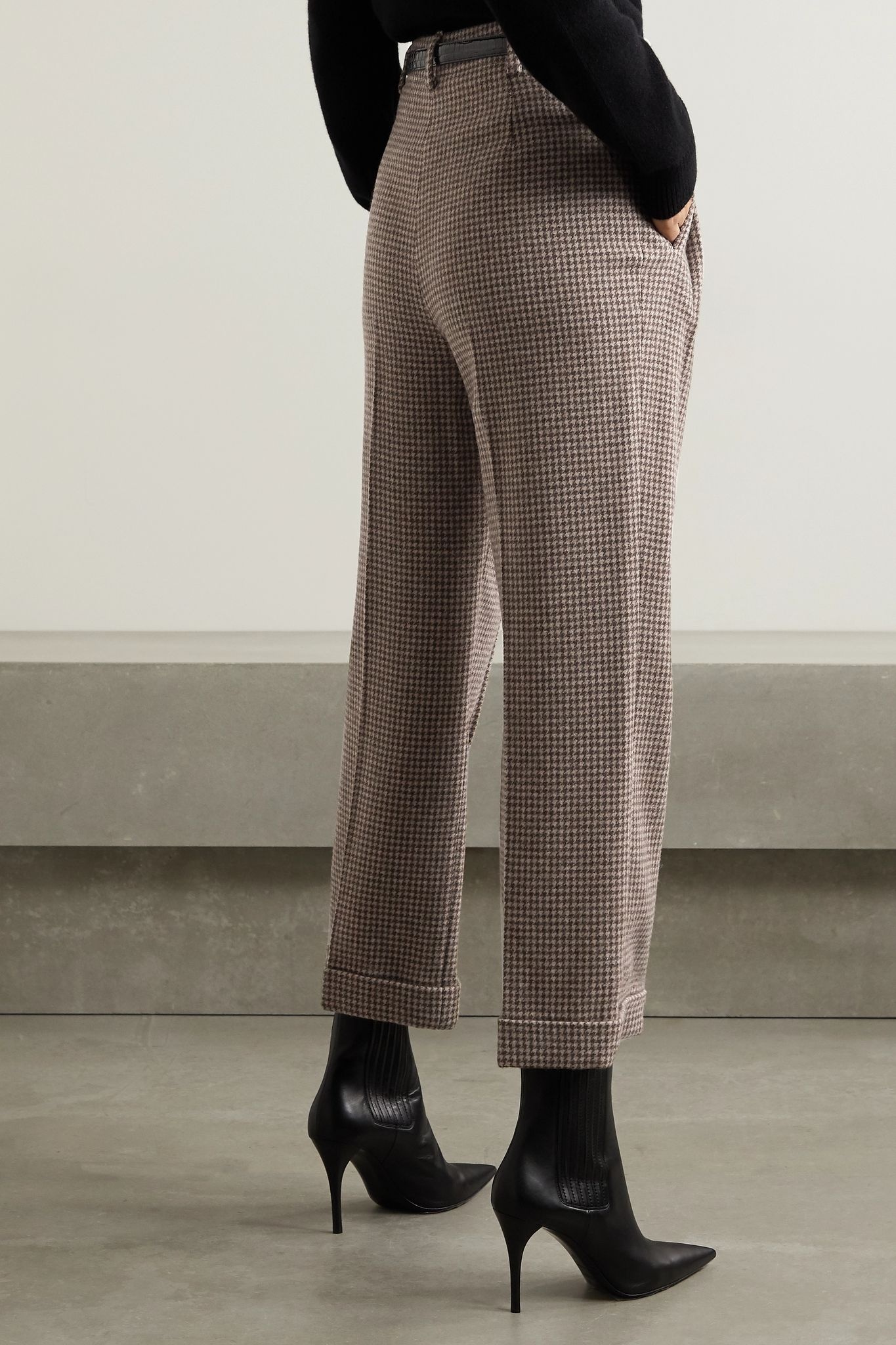 Cropped pleated houndstooth wool wide-leg pants - 3