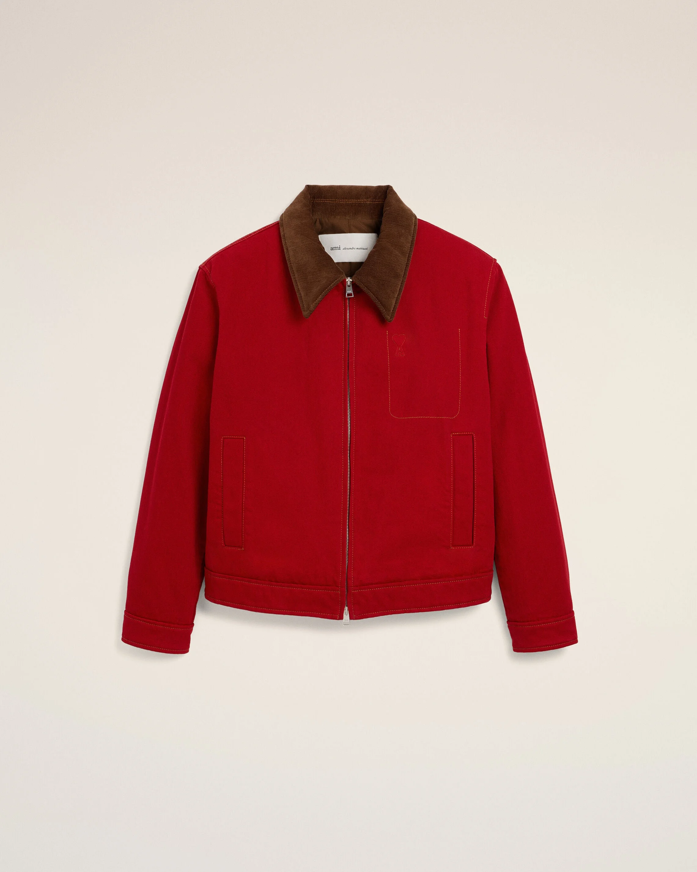 RED COTTON ZIPPED JACKET WITH AMI DE COEUR - 1