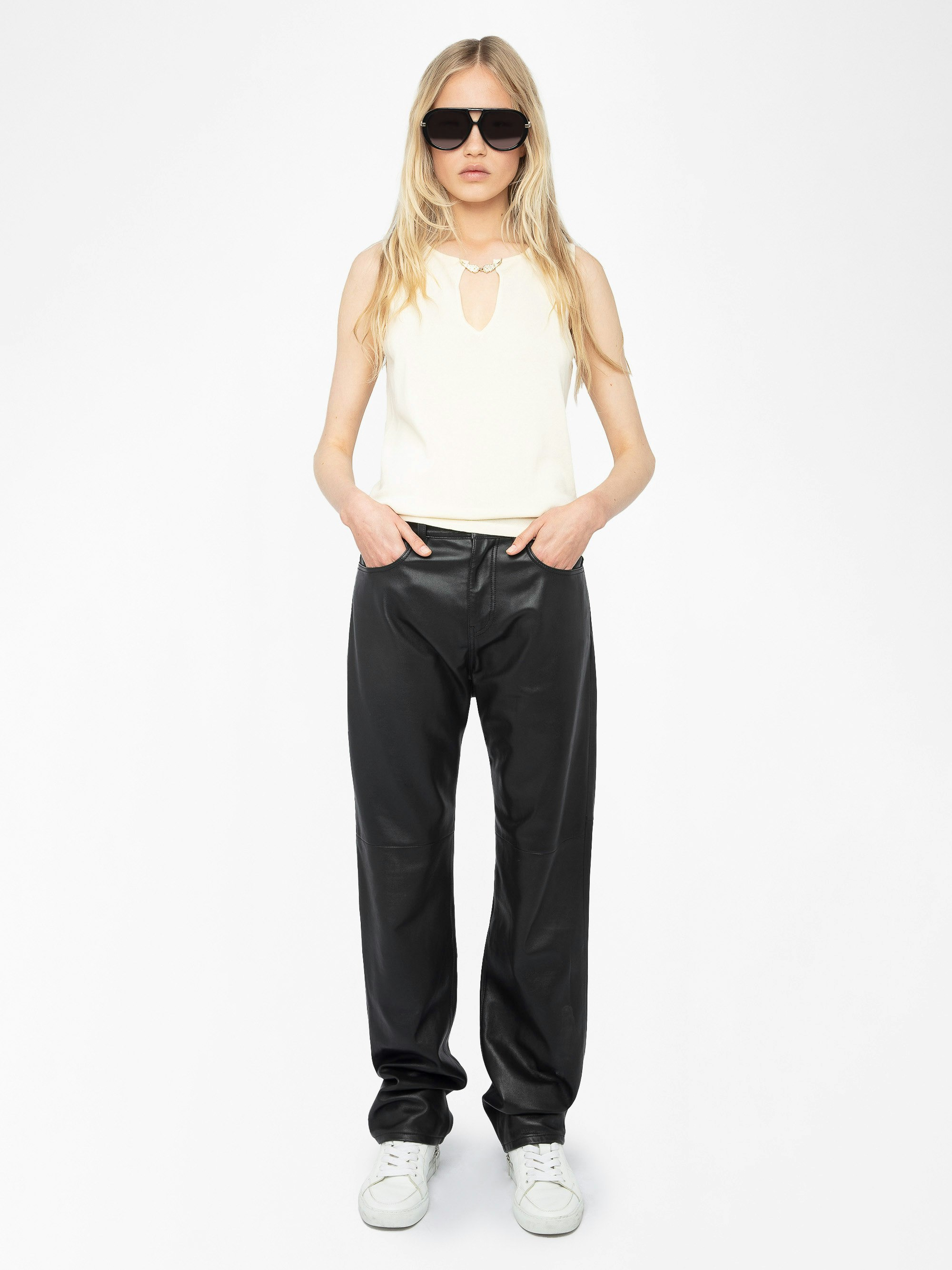 Sayani White Sleeveless Knit Top with Brooch - 2