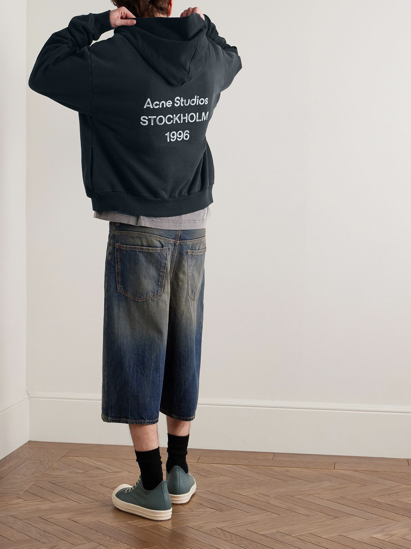 Acne Studios Franziska Garment-Dyed Distressed Logo-Print Cotton-Blend Jersey Hoodie Black outlook