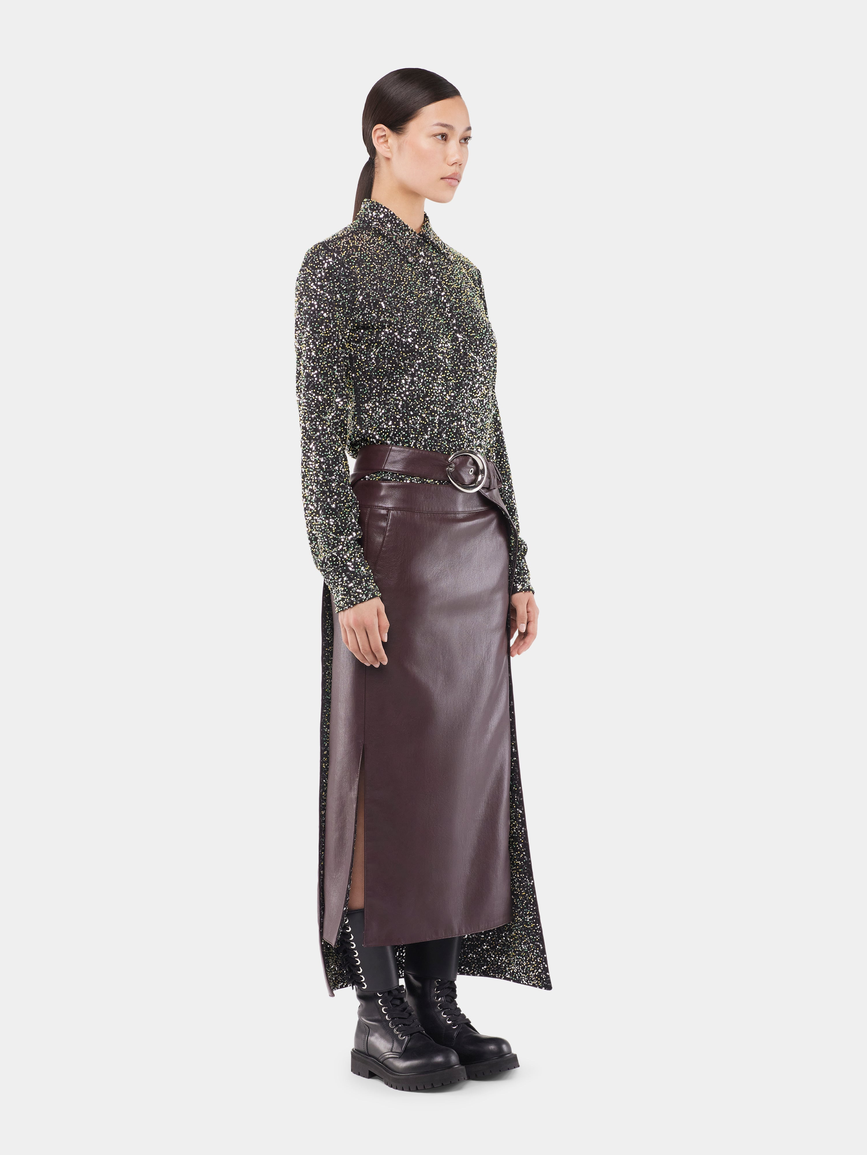 DOUBLE LAYER MIDI SKIRT IN FAKE LEATHER - 3