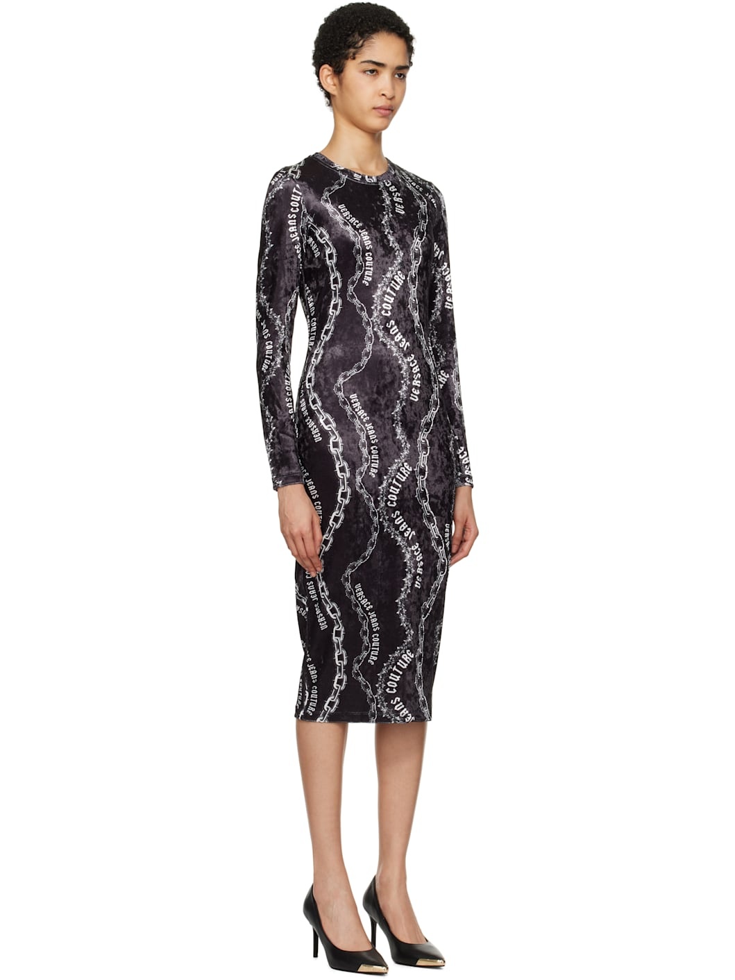 Black Chain Couture Velvet Midi Dress - 2