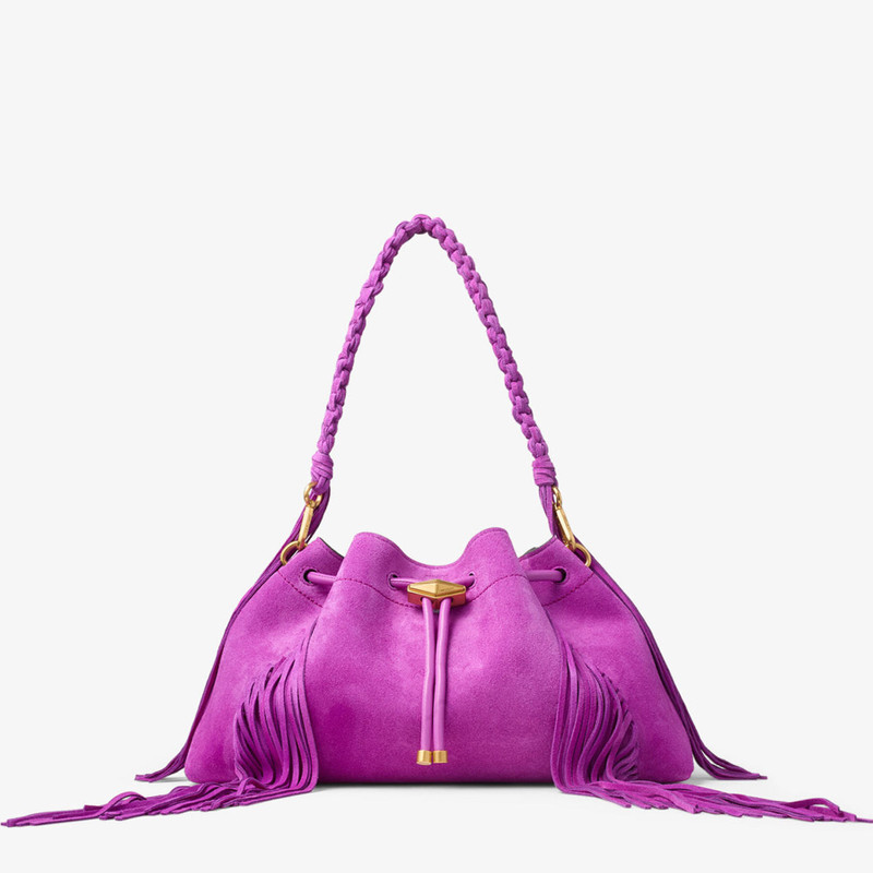 Cinch Medium Violet Orchid Suede Bucket Bag with Fringes 1