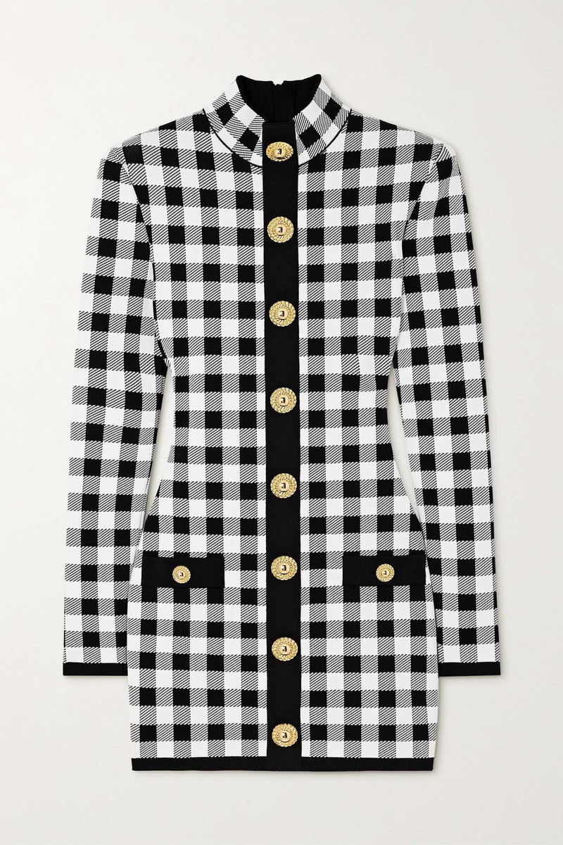 Button-embelllished gingham jacquard-knit mini dress - 1
