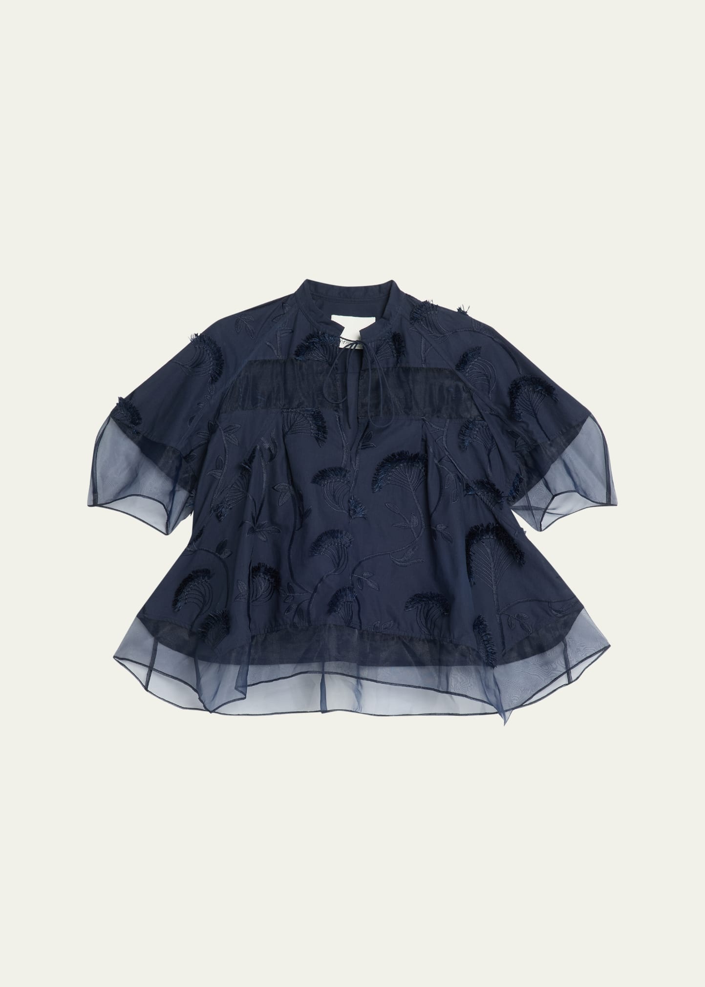 Short-Sleeve Embroidered Organza Flounce Top - 1