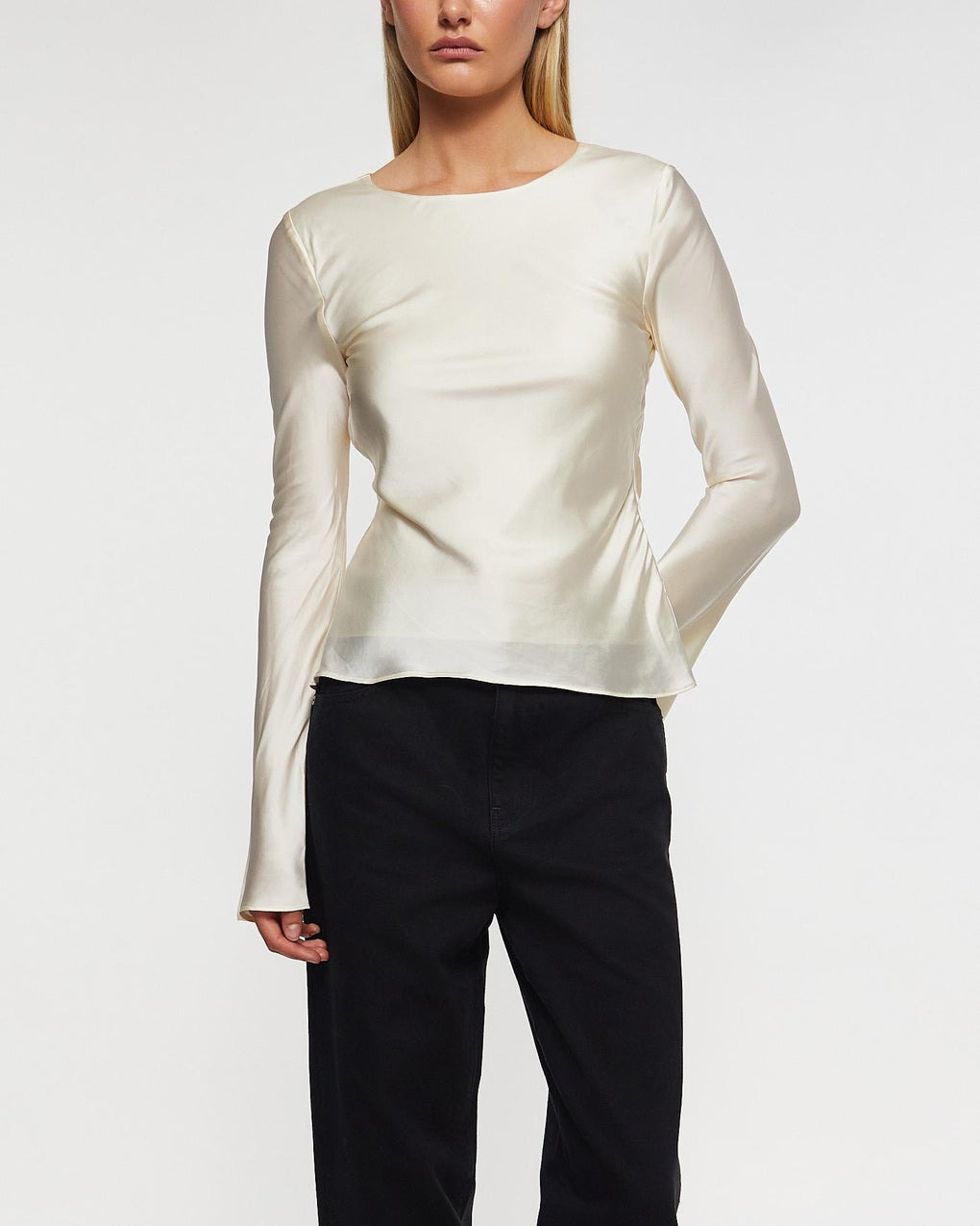 Blouse Solid Stretch Satin Long Sleeve Egret - 2