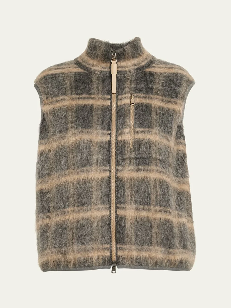 Fuzzy Check Wool-Mohair Zip Vest - 1